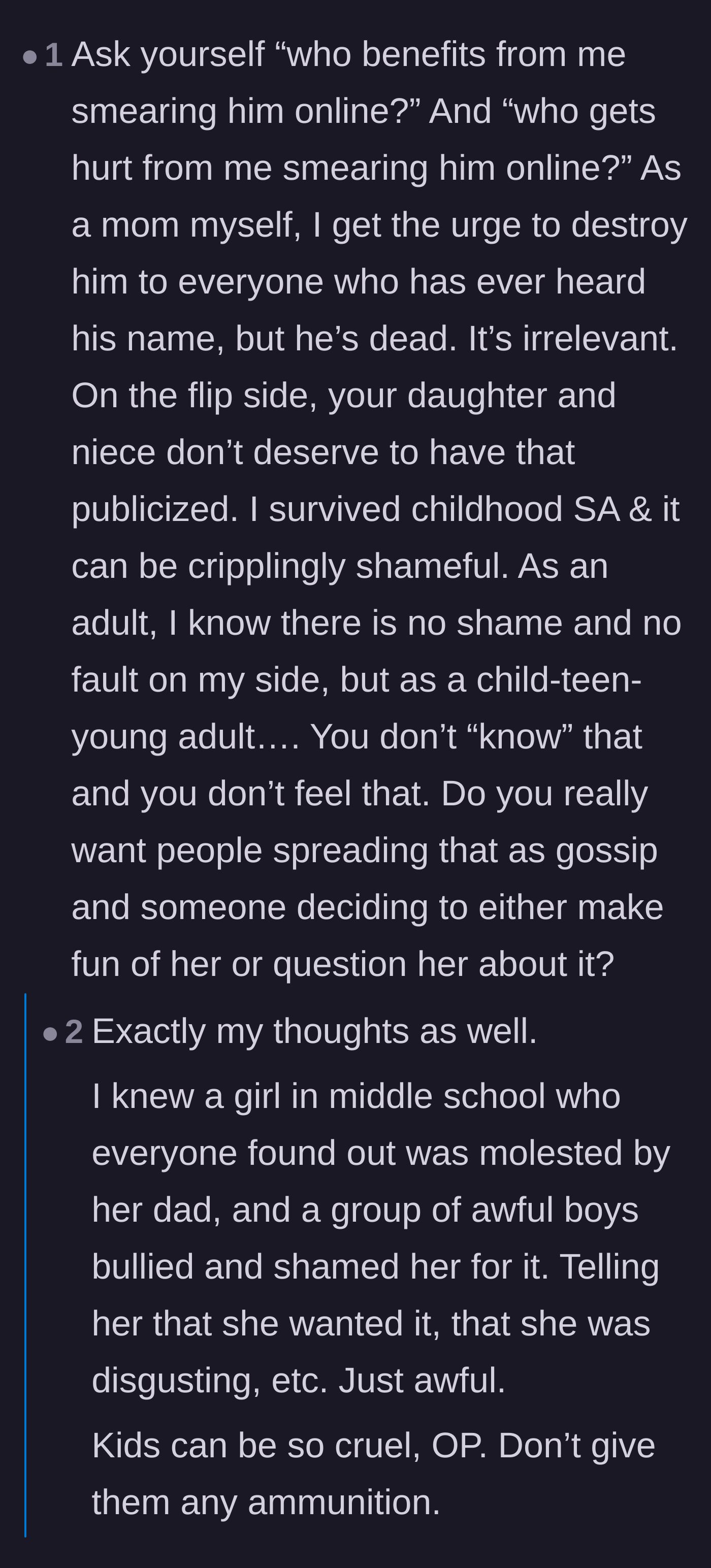 Comment thread 4 - A survivor's perspective on the deep shame associated with publicizing childhood trauma.