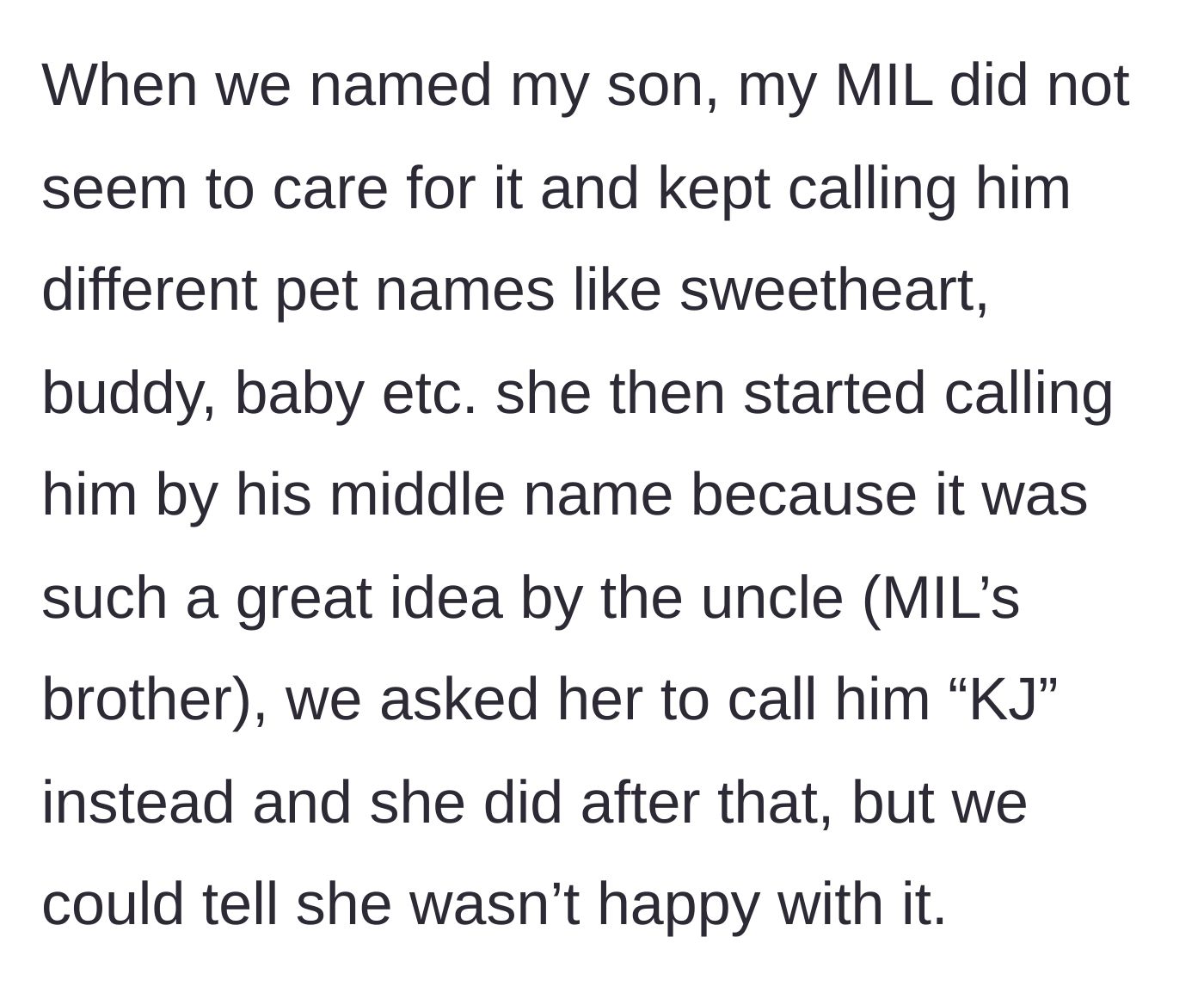 Story part 2 - The mother-in-law refusing to use the baby's actual name and opting for the middle name instead.