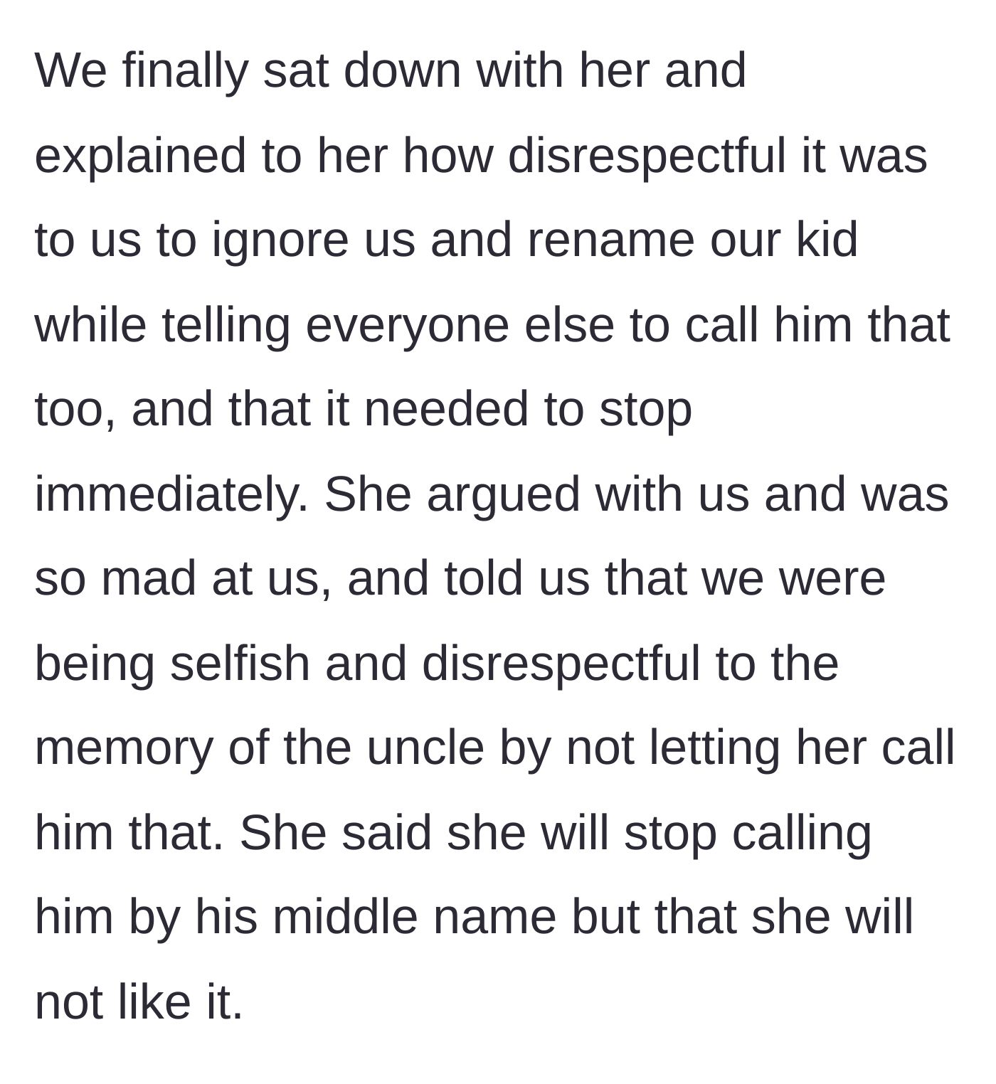 Story part 4 - Parents confront the mother-in-law, who gets defensive and accuses them of disrespecting the deceased uncle.