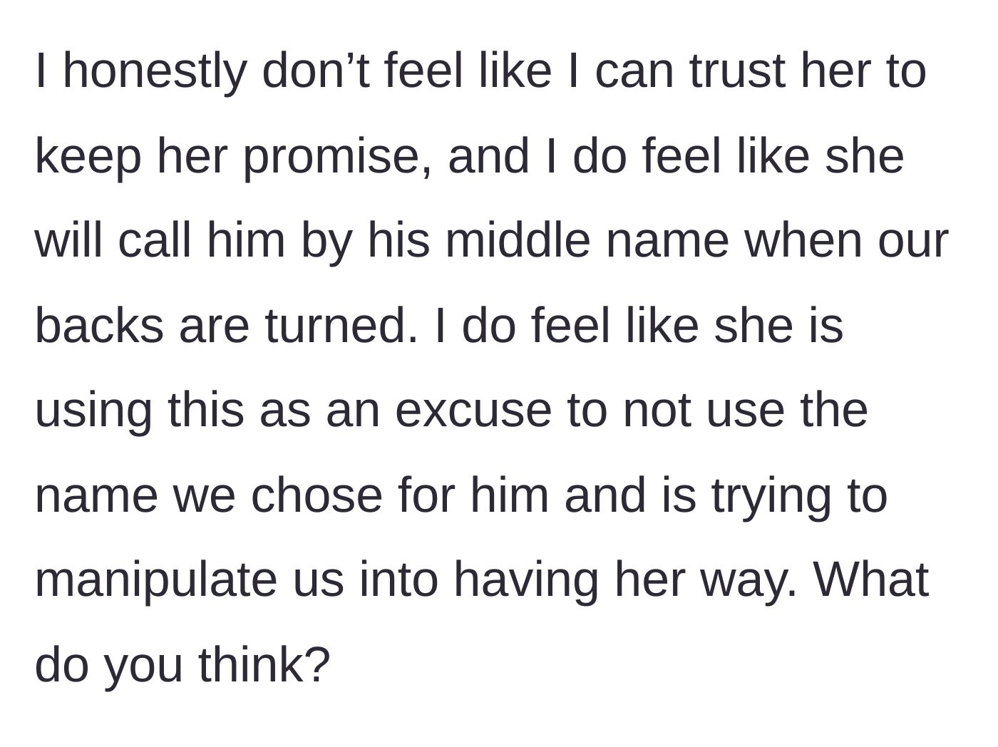 Story part 5 - The mother expressing deep distrust of her mother-in-law's fake compliance and fear of future manipulation.