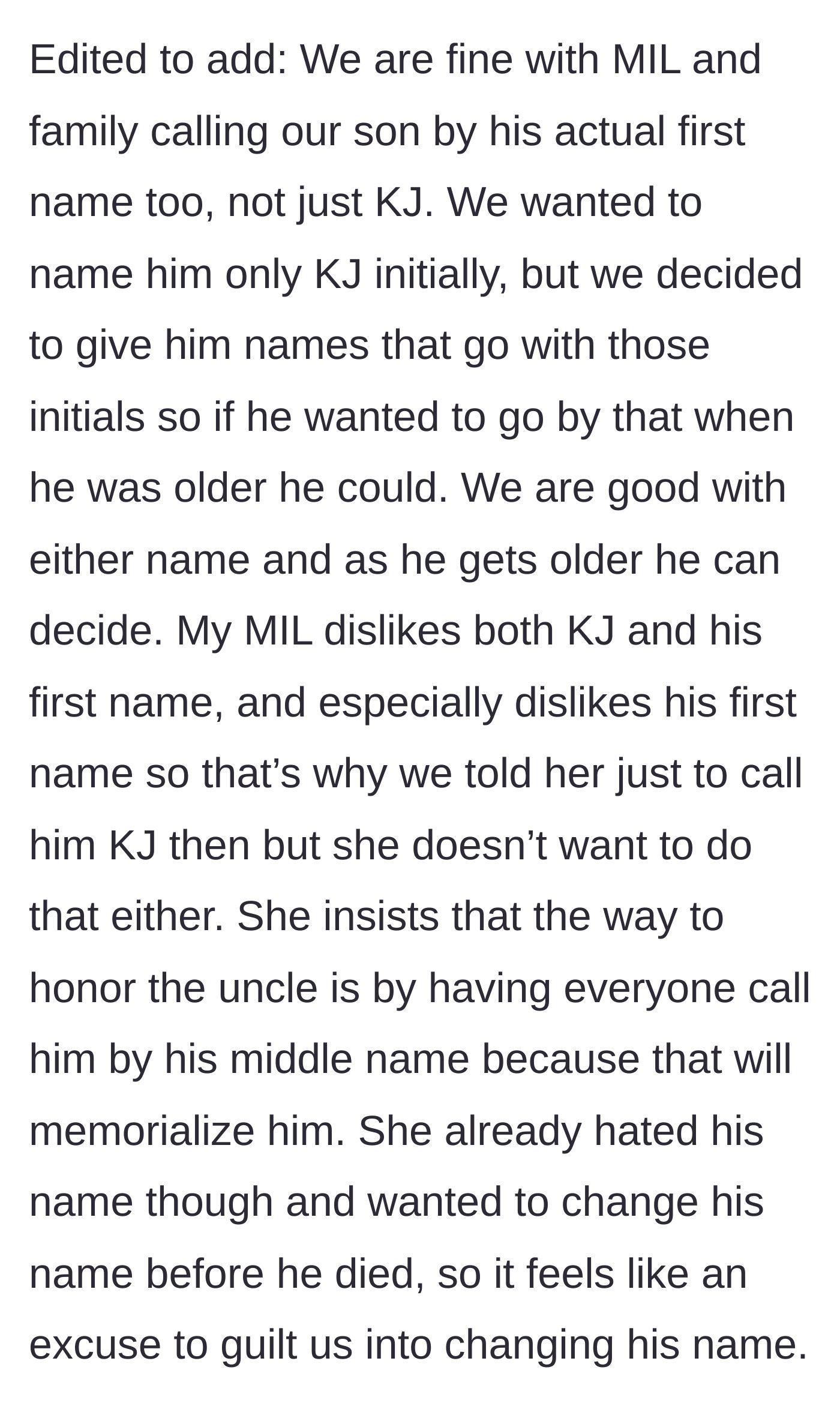 Story part 6 - An update clarifying that the mother-in-law has always hated the baby's name and is using the death as a convenient excuse.