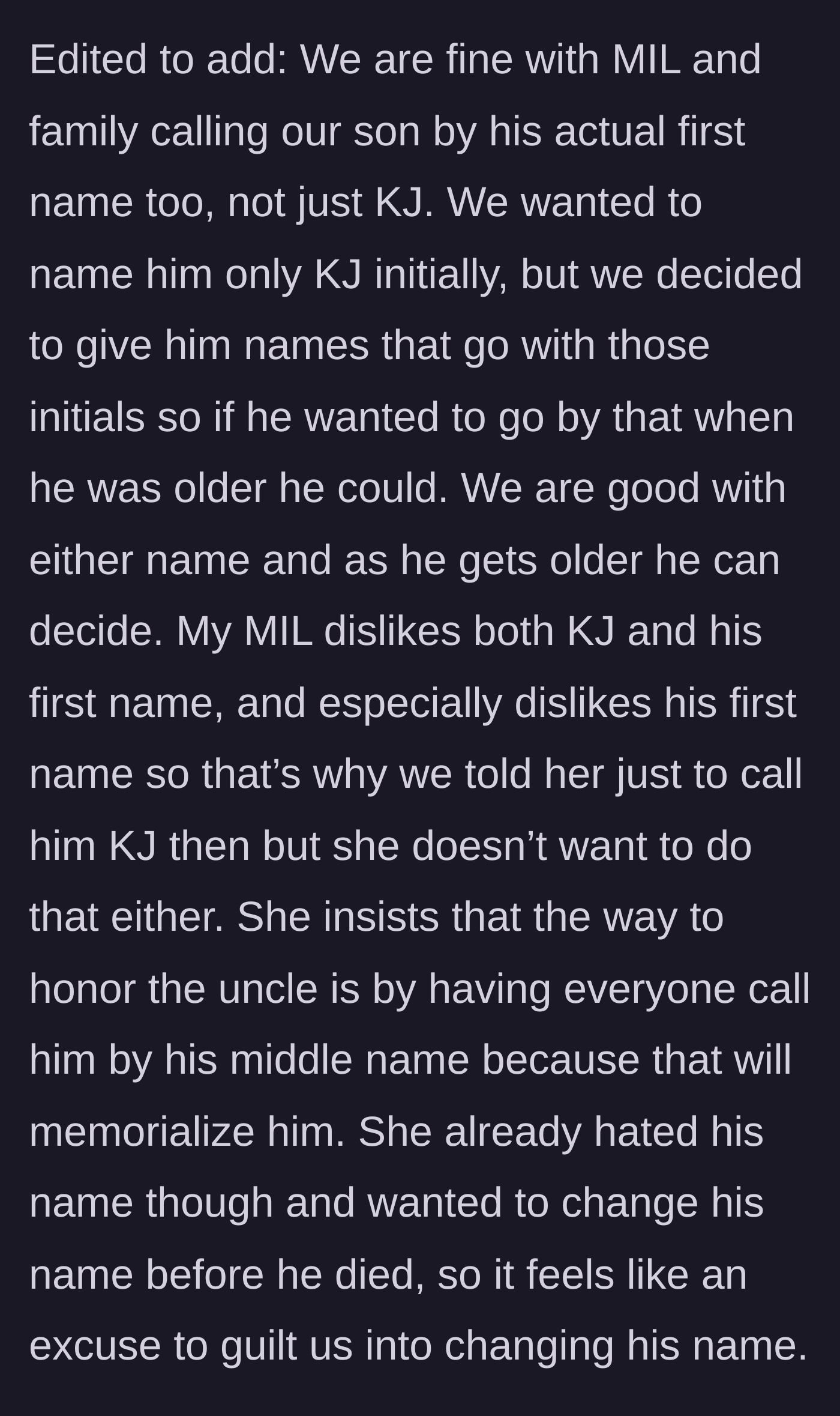 Story part 6 - An update clarifying that the mother-in-law has always hated the baby's name and is using the death as a convenient excuse.