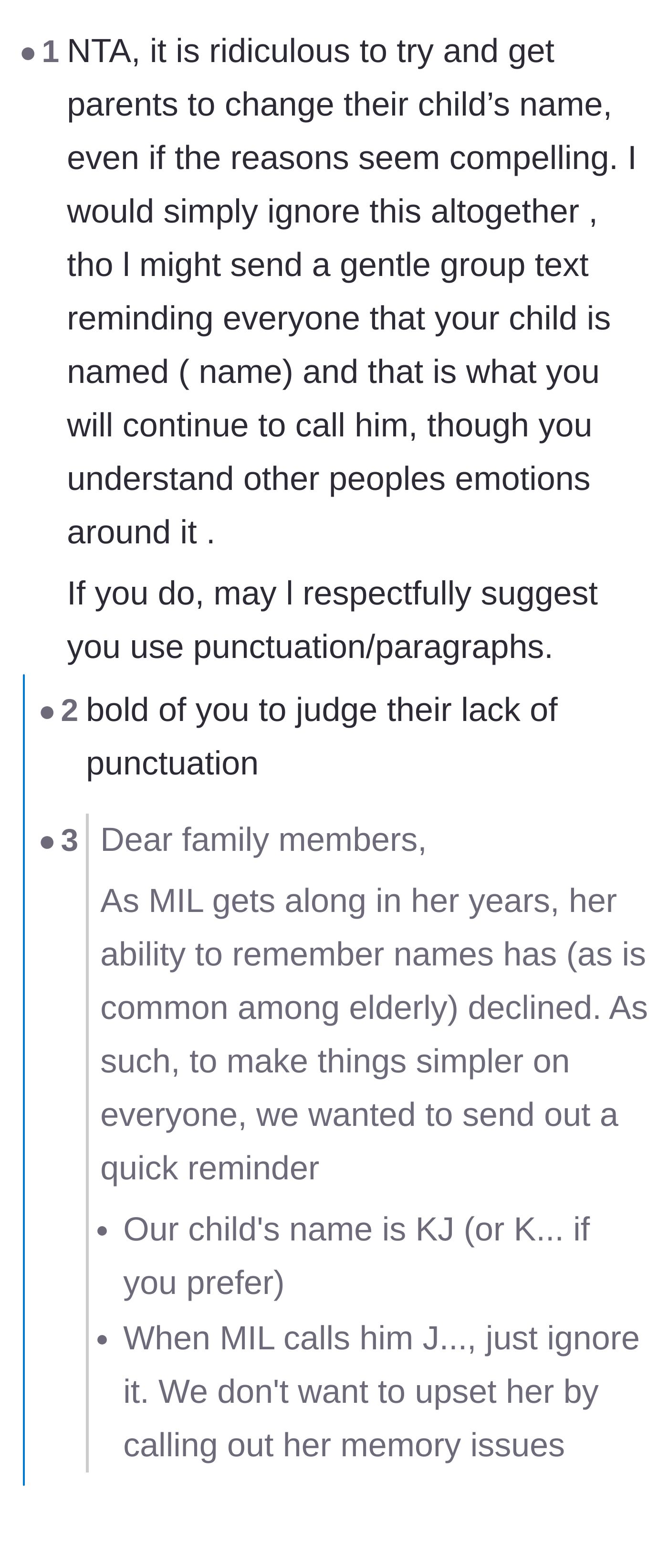 Comment thread 1 - Suggesting the parents send a group text pretending the mother-in-law's name changes are due to memory loss.