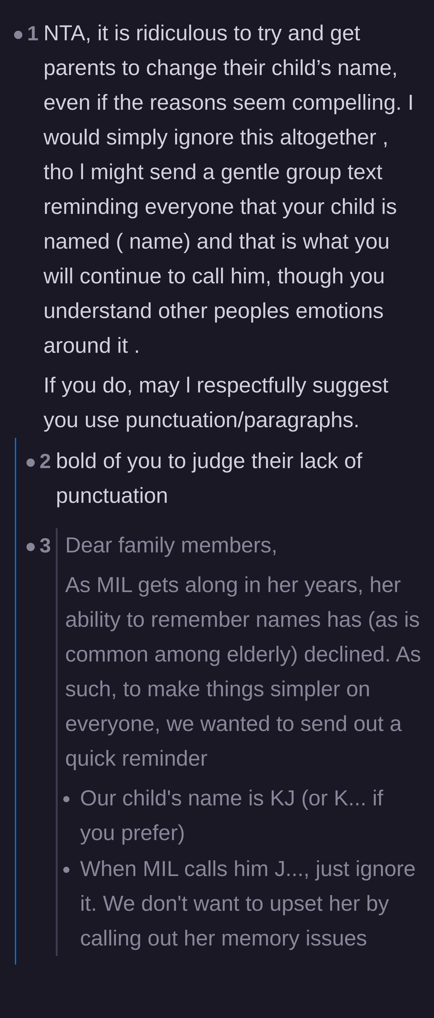 Comment thread 1 - Suggesting the parents send a group text pretending the mother-in-law's name changes are due to memory loss.