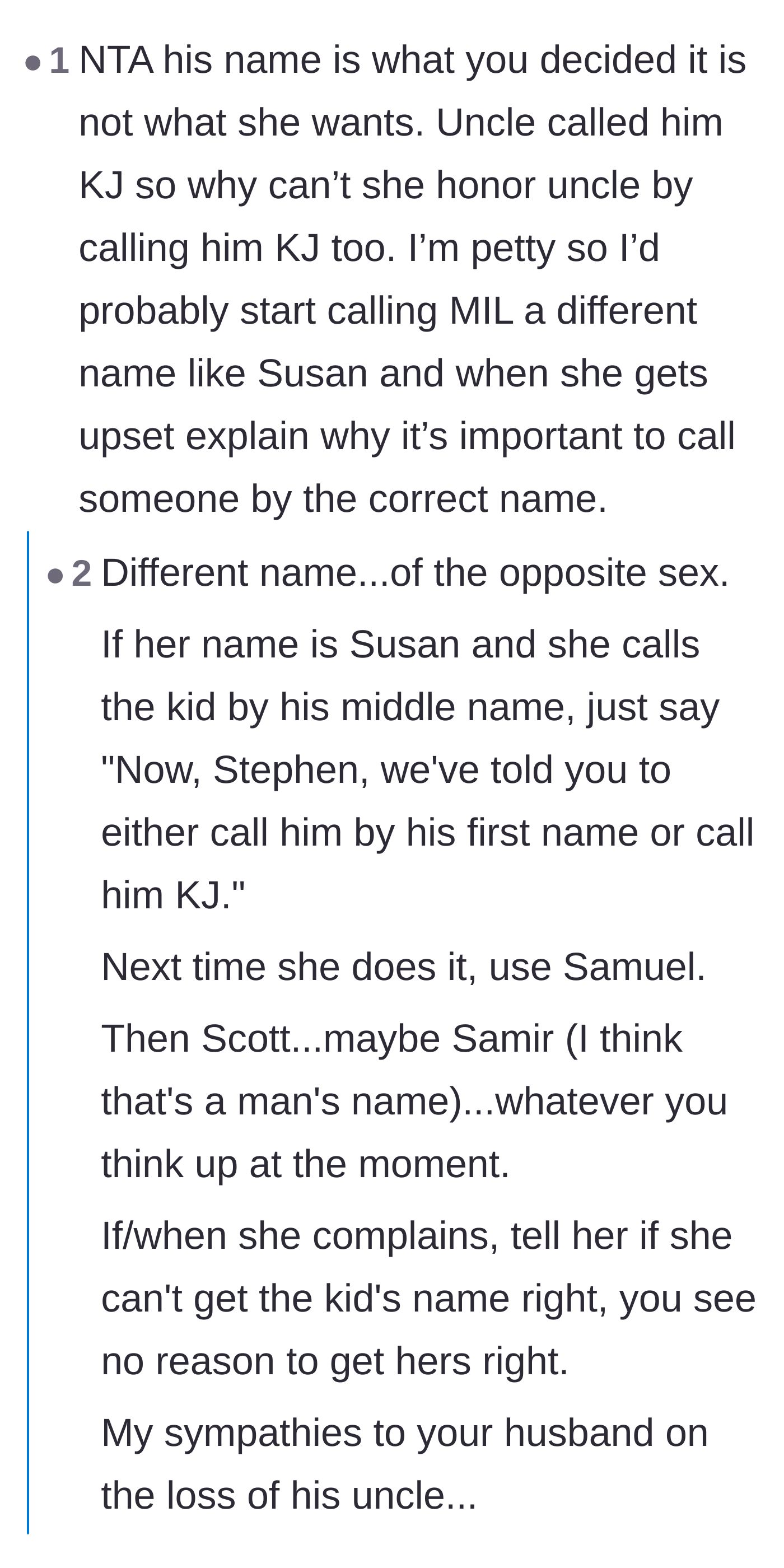 Comment thread 2 - Advice to start calling the mother-in-law random male names until she gets the baby's name right.