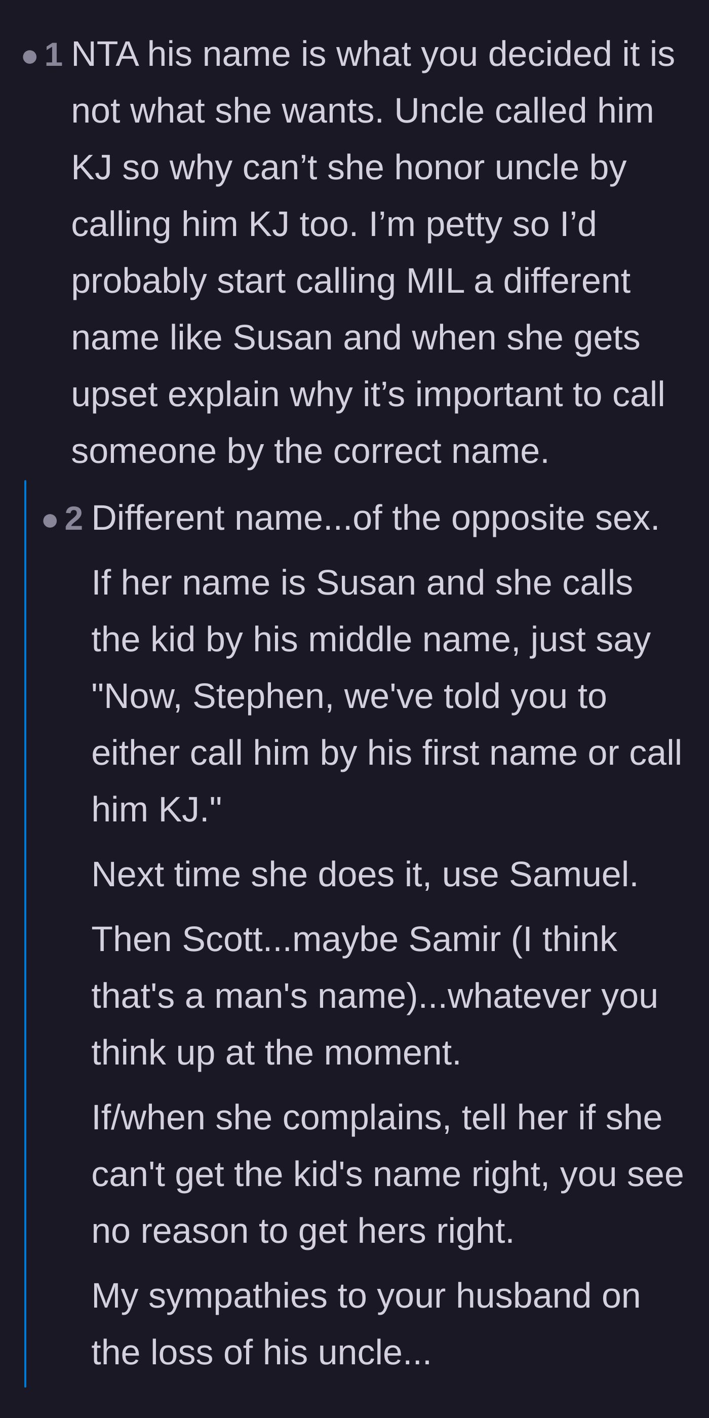 Comment thread 2 - Advice to start calling the mother-in-law random male names until she gets the baby's name right.