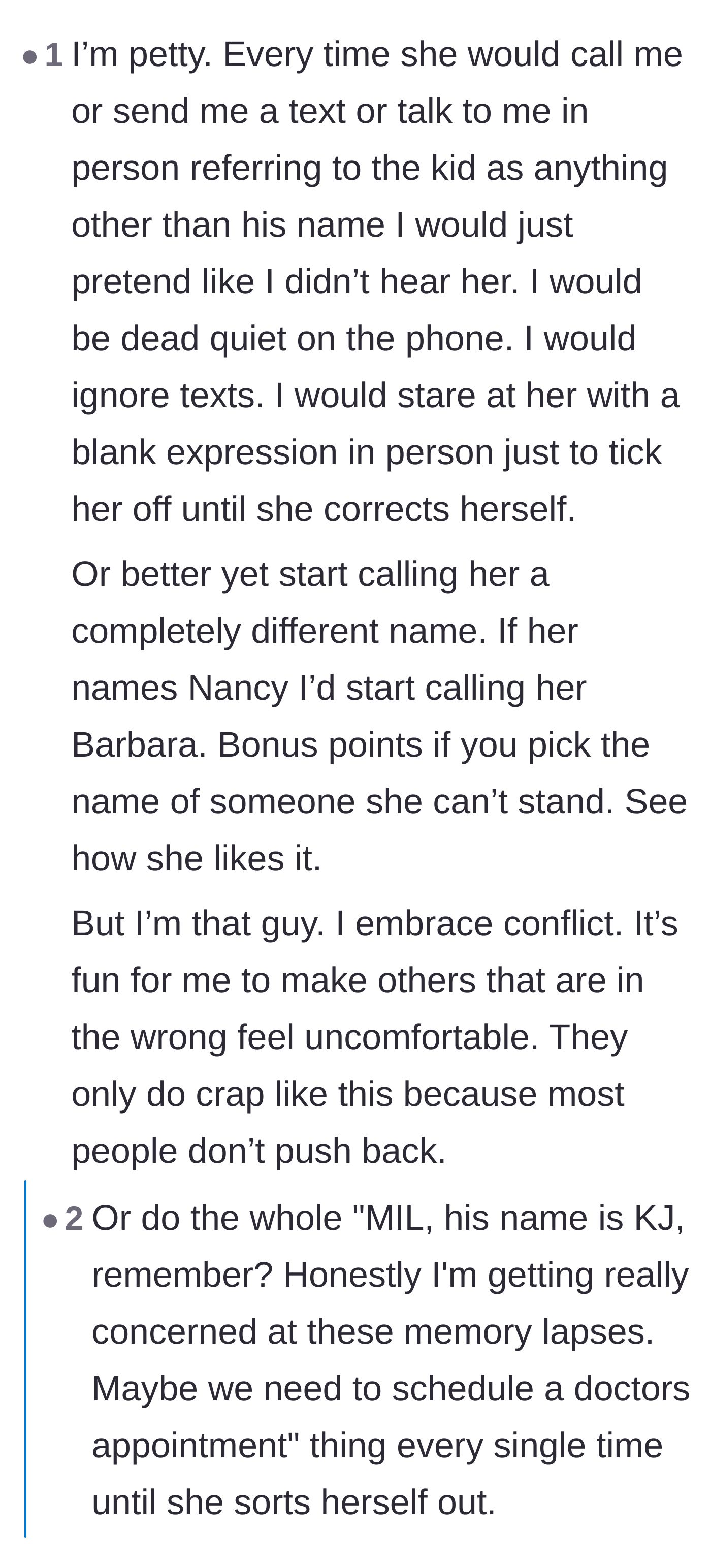 Comment thread 4 - Suggesting extreme tactics like ignoring the mother-in-law, using an air horn, or calling her Mrs. Lastname.