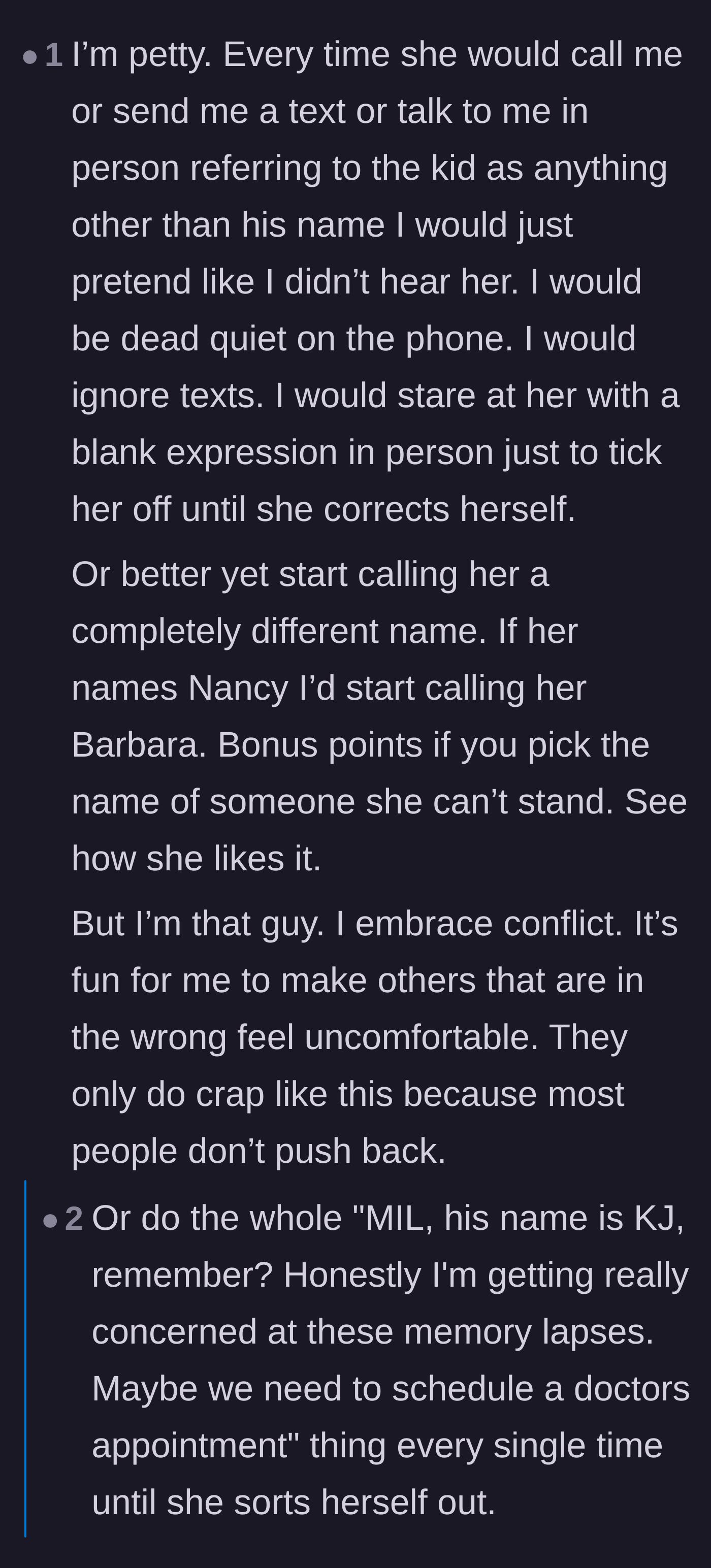 Comment thread 4 - Suggesting extreme tactics like ignoring the mother-in-law, using an air horn, or calling her Mrs. Lastname.
