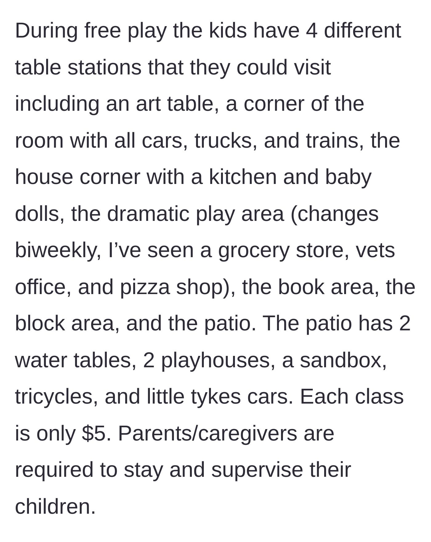 Story part 2 - Details of the $5 rec center class, outlining the various play stations and the requirement for caregivers to supervise.