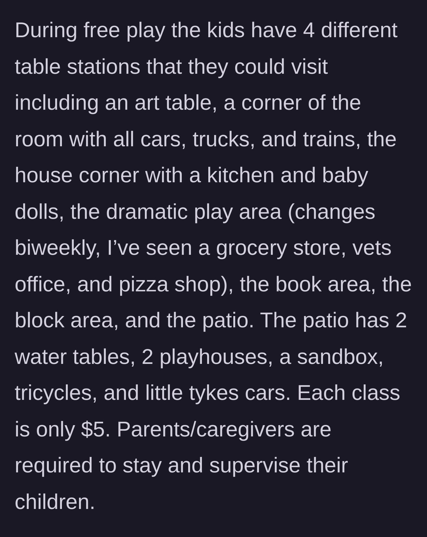 Story part 2 - Details of the $5 rec center class, outlining the various play stations and the requirement for caregivers to supervise.