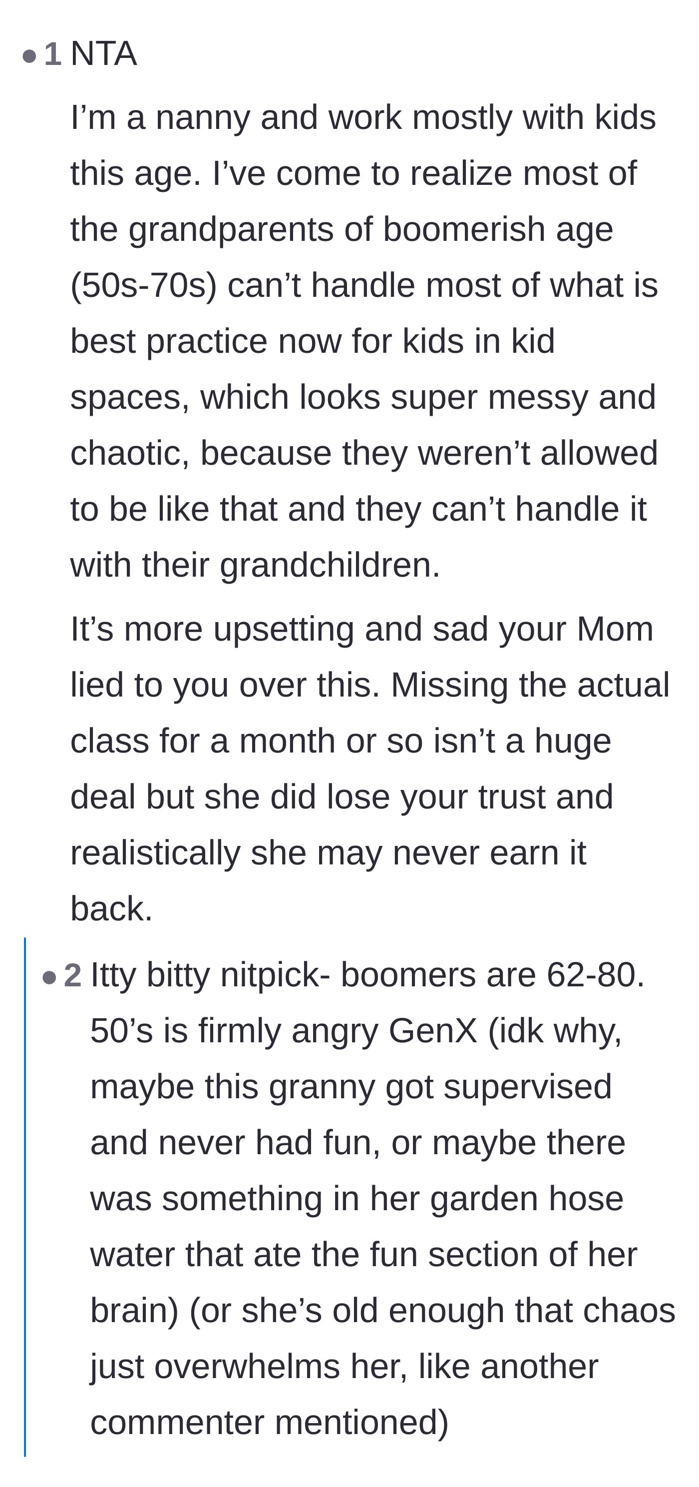 Comment thread 1 - A debate about generational differences in parenting and grandparents getting overwhelmed by modern, messy play.