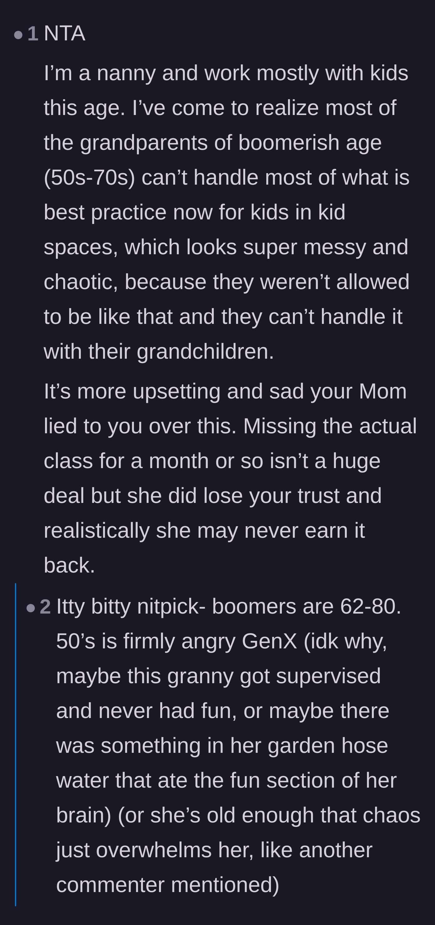 Comment thread 1 - A debate about generational differences in parenting and grandparents getting overwhelmed by modern, messy play.