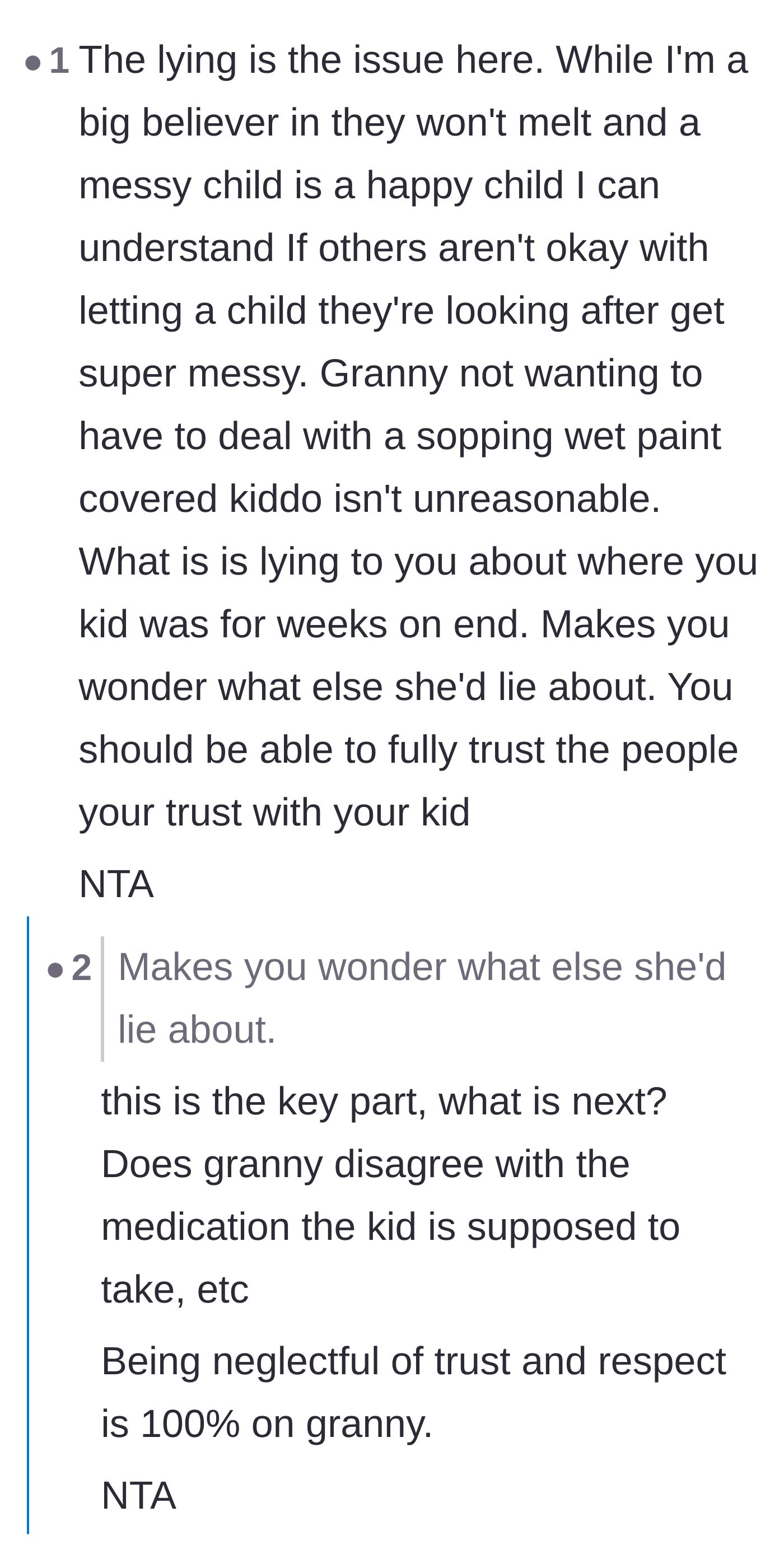 Comment thread 2 - Discussion on how lying about a toddler class can escalate to hiding important medical or dietary information.