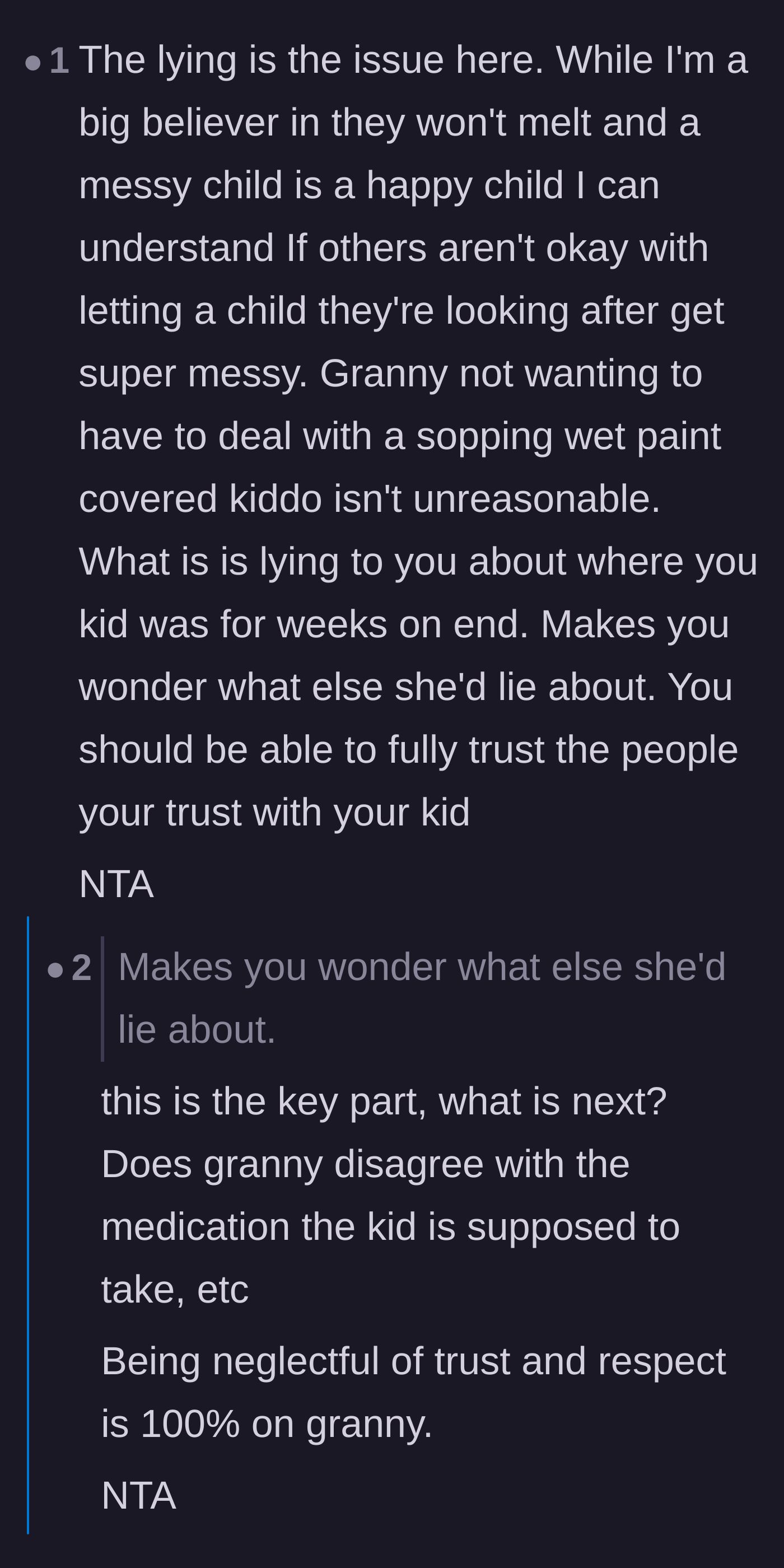Comment thread 2 - Discussion on how lying about a toddler class can escalate to hiding important medical or dietary information.
