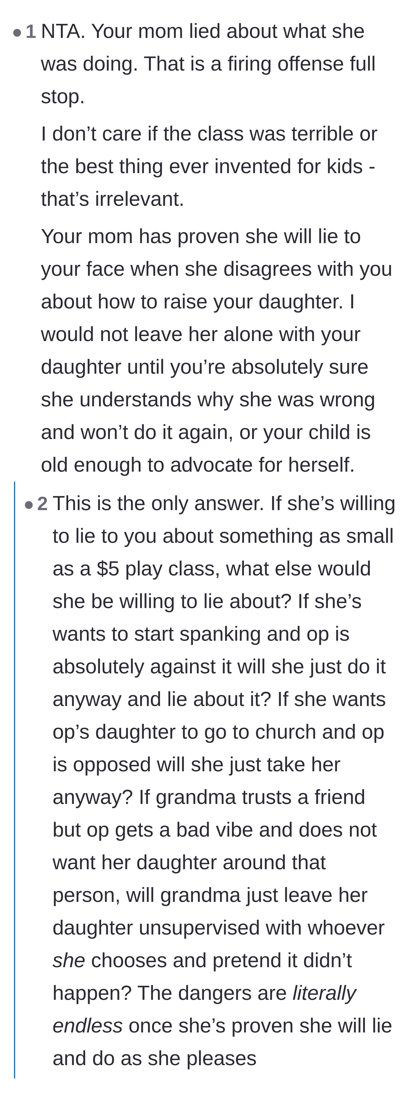 Comment thread 3 - Agreement that lying to a parent is an automatic firing offense regardless of personal opinions on the class.