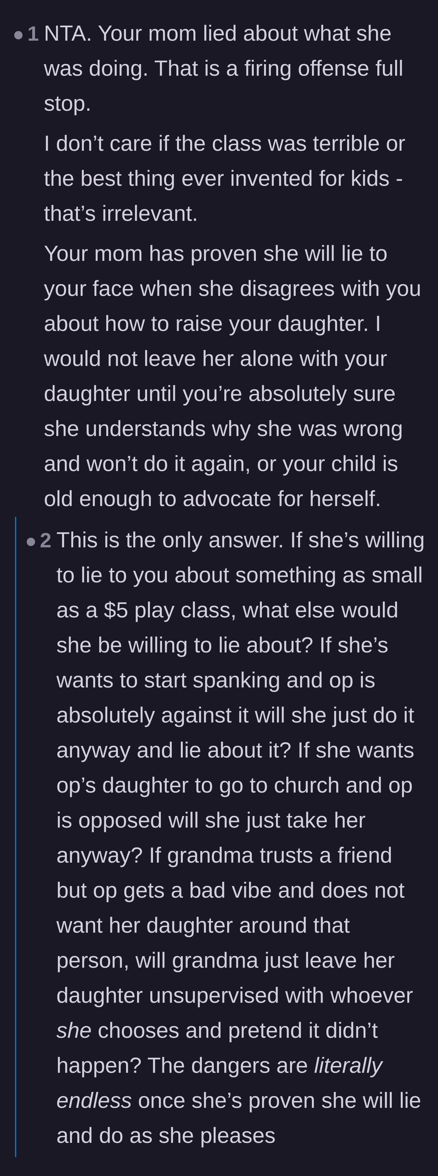 Comment thread 3 - Agreement that lying to a parent is an automatic firing offense regardless of personal opinions on the class.