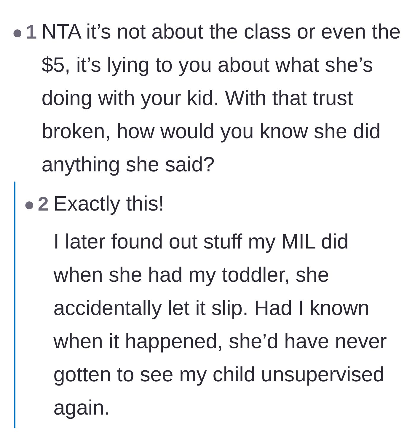 Comment thread 5 - A user sharing how broken trust with a mother-in-law completely ruined their childcare arrangement.