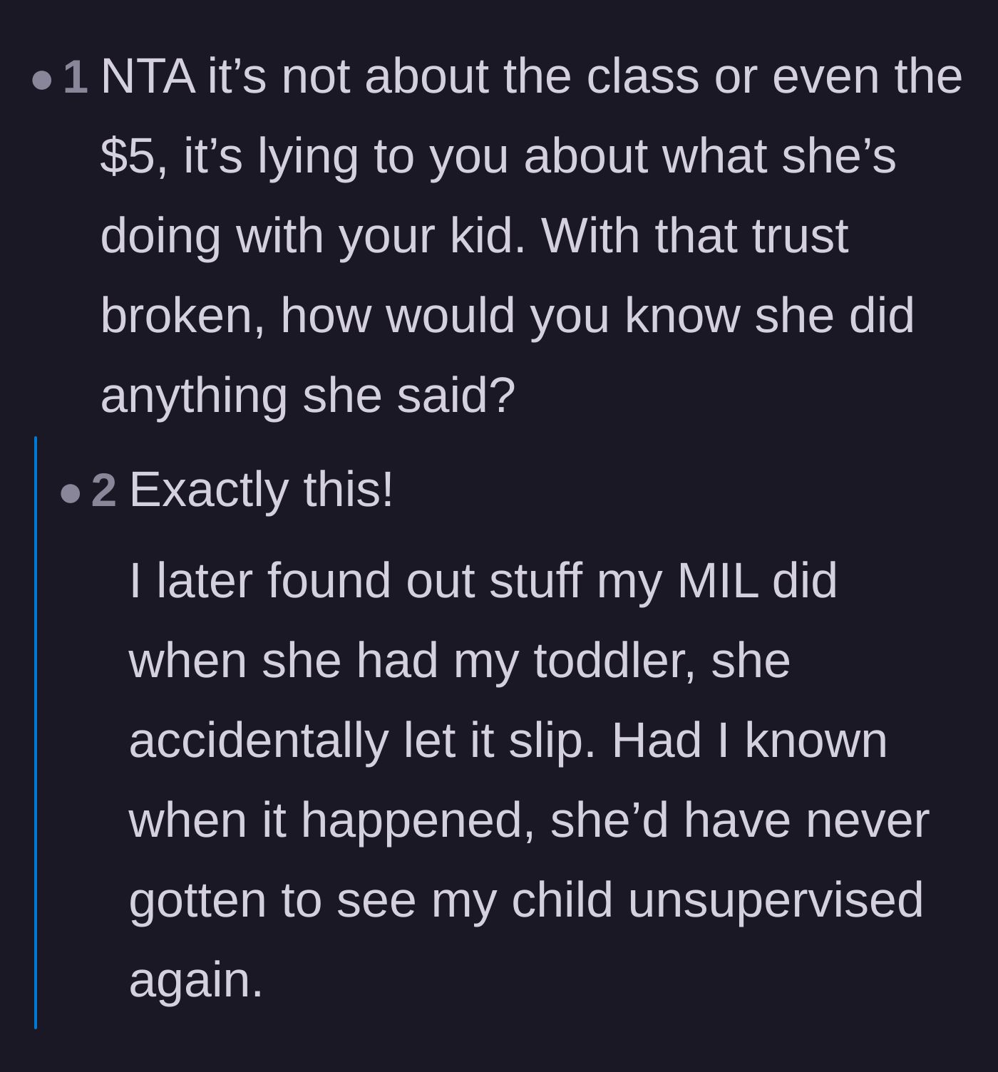 Comment thread 5 - A user sharing how broken trust with a mother-in-law completely ruined their childcare arrangement.