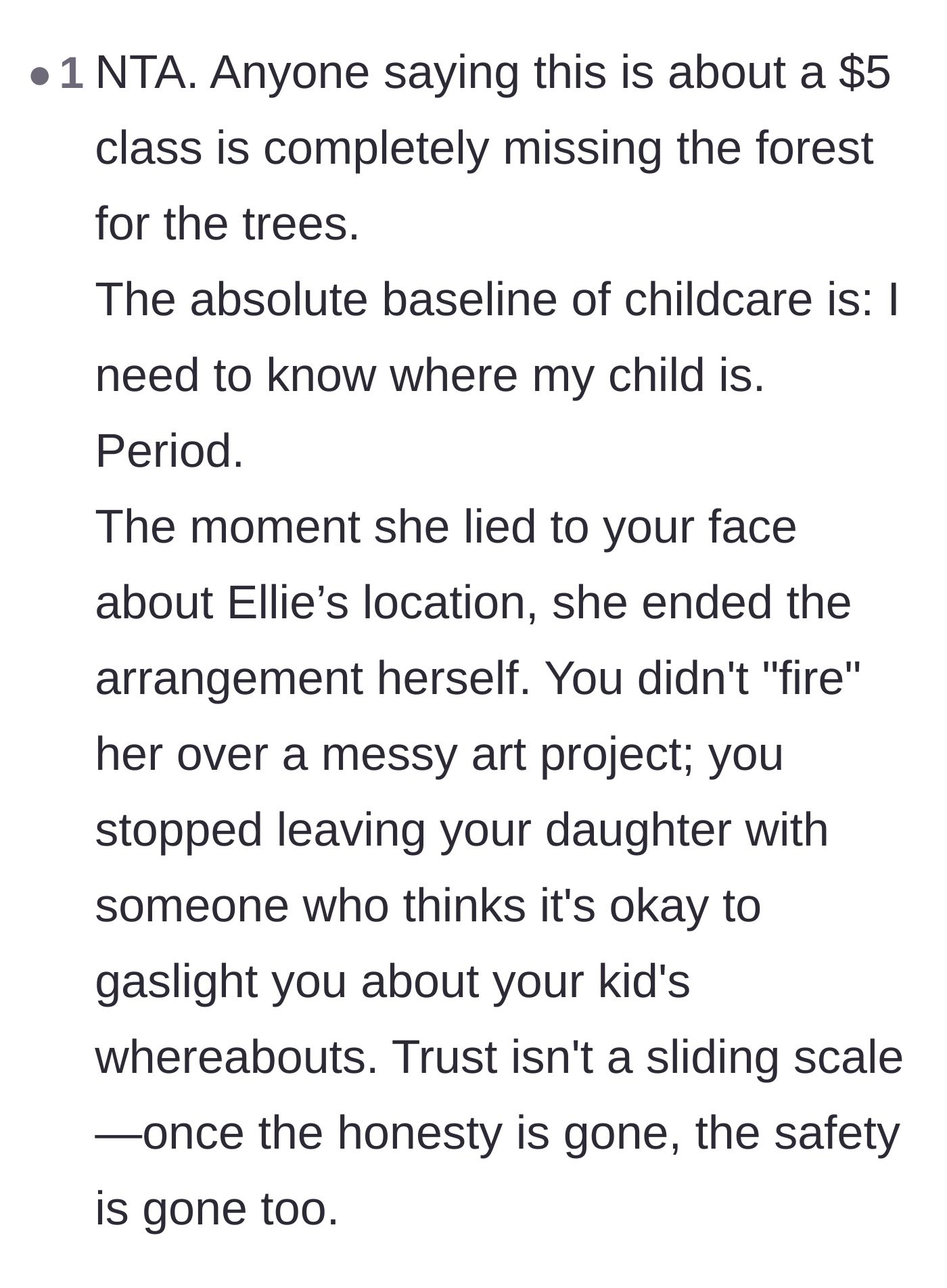 Comment thread 6 - A firm statement that the baseline of any childcare is the parent knowing the child's exact location.