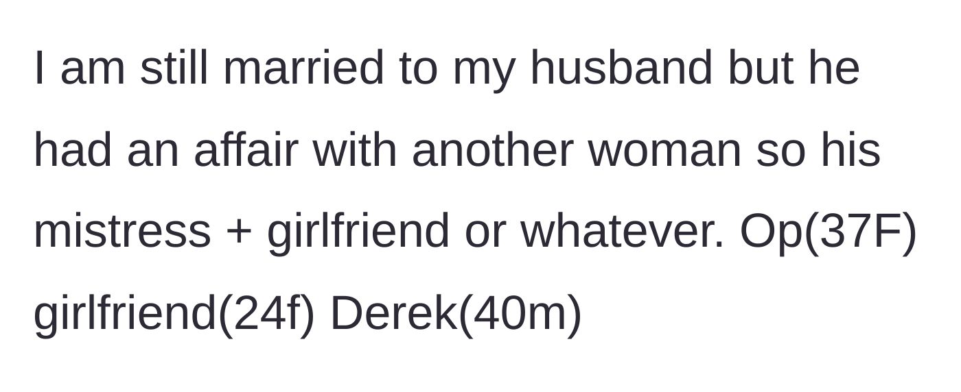 Story part 1 - Introduction to the 37-year-old wife, her 40-year-old husband Derek, and his 24-year-old mistress.