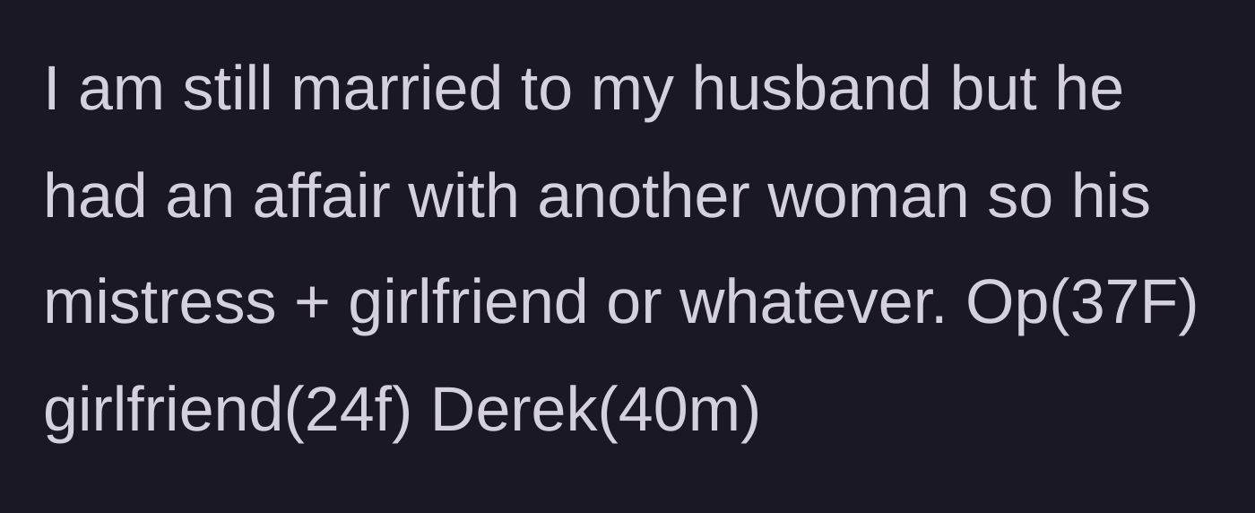 Story part 1 - Introduction to the 37-year-old wife, her 40-year-old husband Derek, and his 24-year-old mistress.