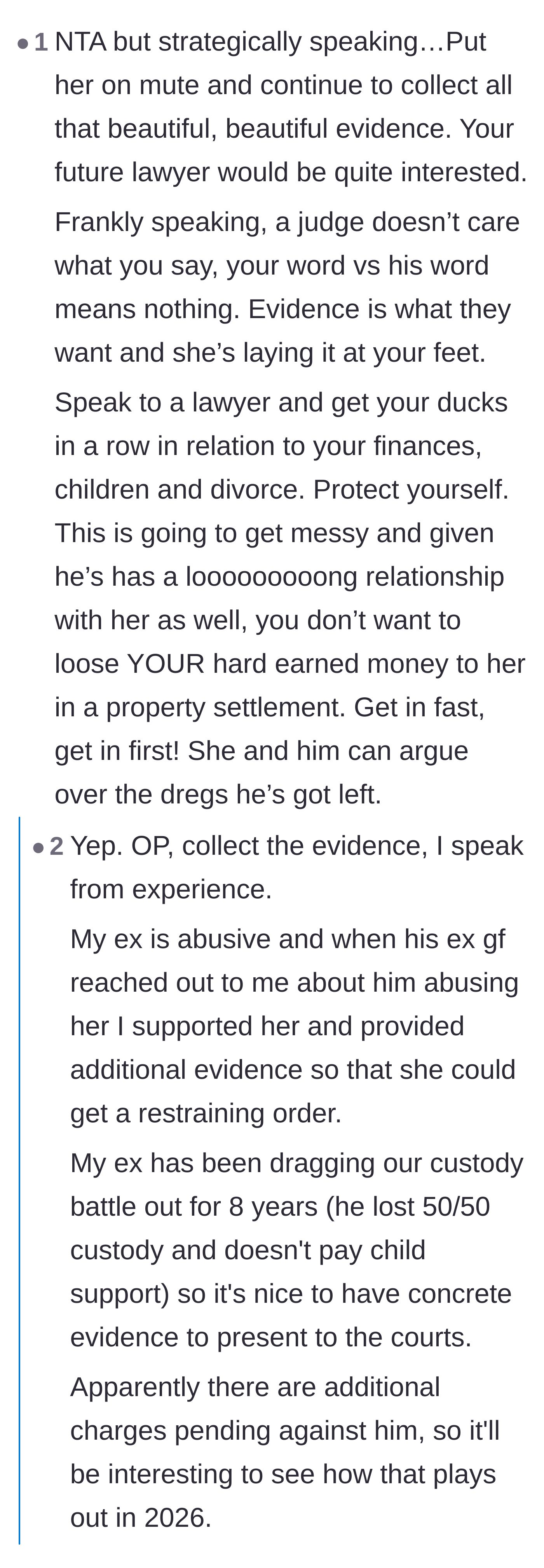 Comment thread 1 - Advice urging the wife to mute rather than block the mistress to gather evidence for a future divorce and custody settlement.