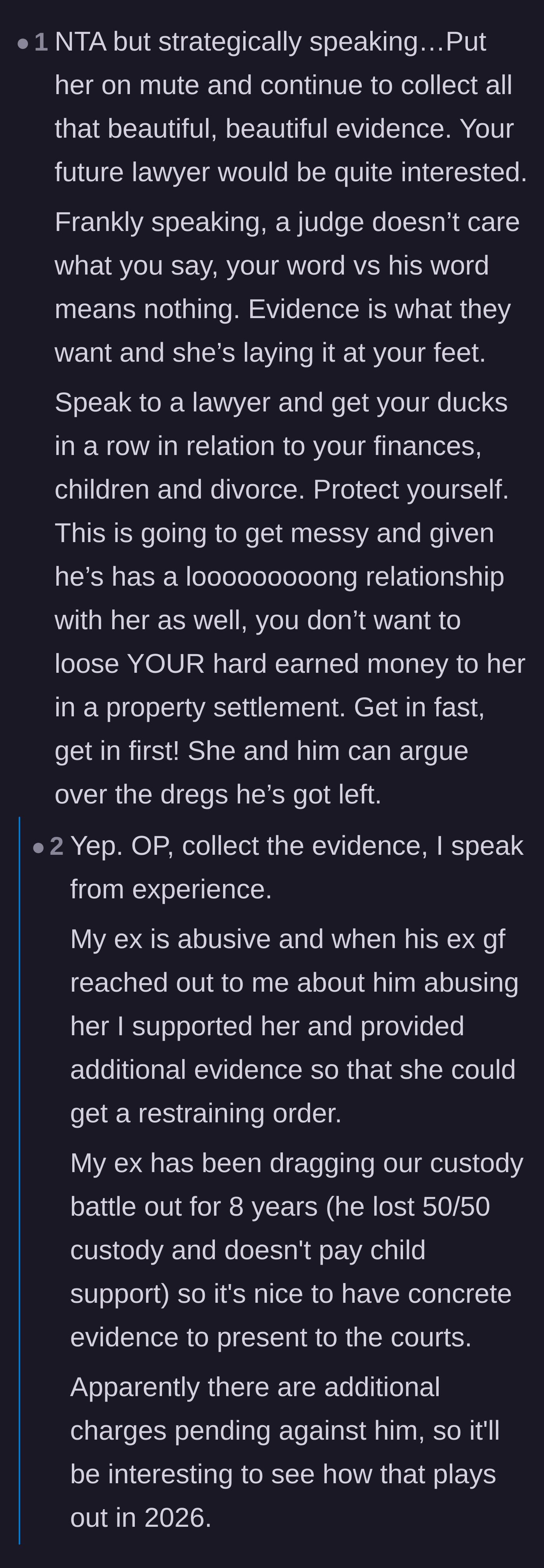 Comment thread 1 - Advice urging the wife to mute rather than block the mistress to gather evidence for a future divorce and custody settlement.