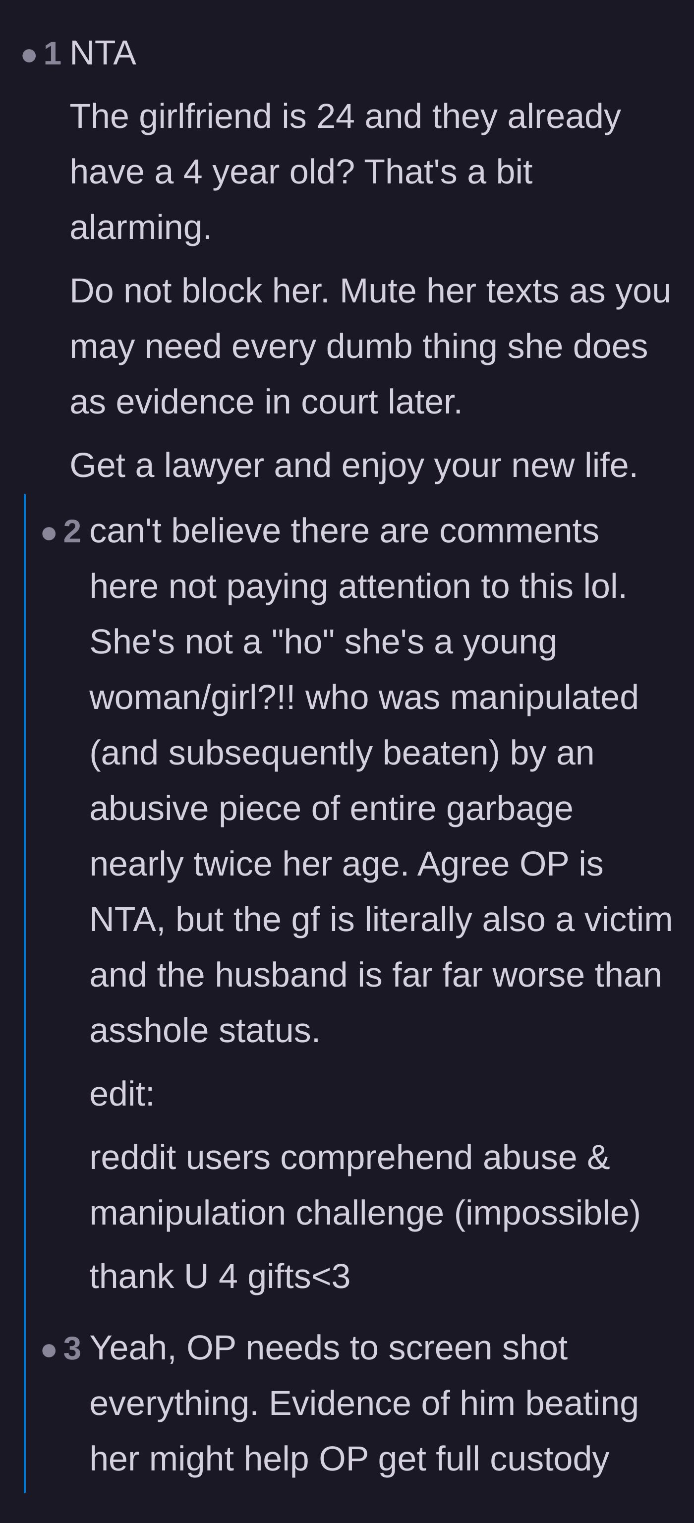 Comment thread 2 - A debate about the mistress's young age, the timeline of the affair, and whether she is a victim of grooming or a willing participant.