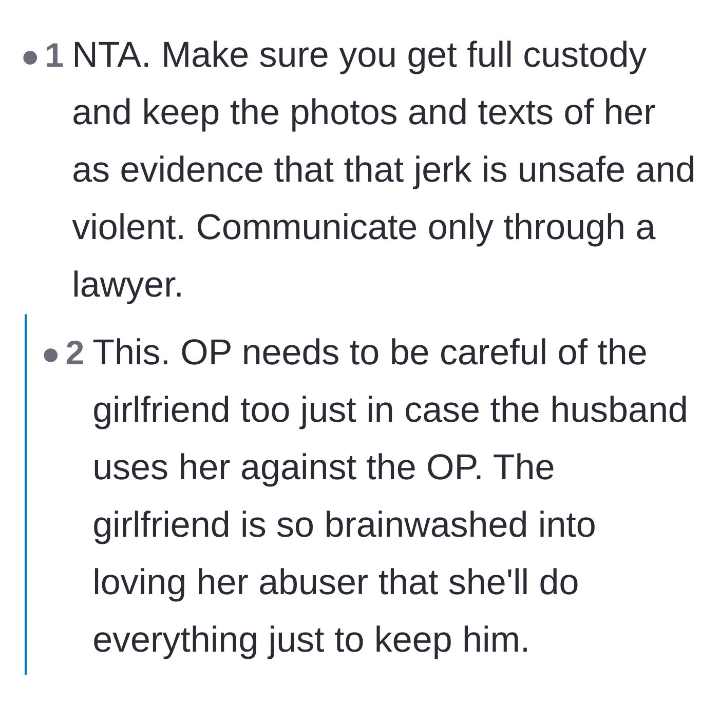 Comment thread 3 - Readers urging the wife to use the mistress's photos of abuse as evidence to secure full custody of her children.
