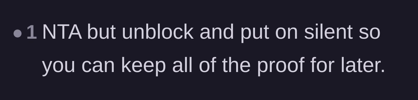 Comment thread 5 - A brief suggestion to unblock the mistress but keep her silenced to silently collect proof of harassment.