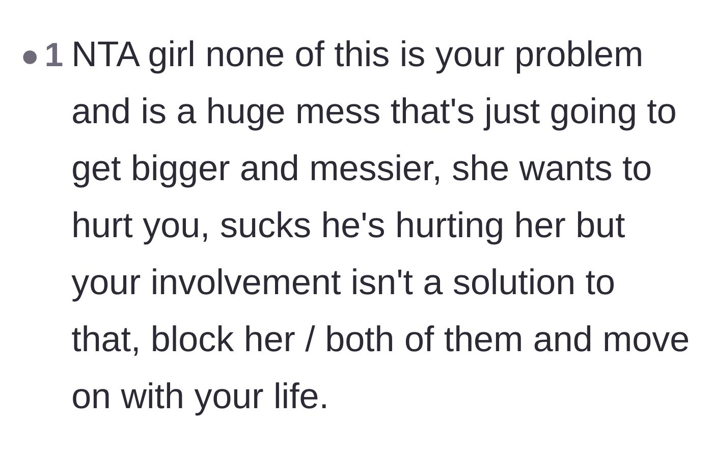 Comment thread 6 - Support for the wife's decision to walk away completely, validating that the mistress's pain is not her responsibility to fix.