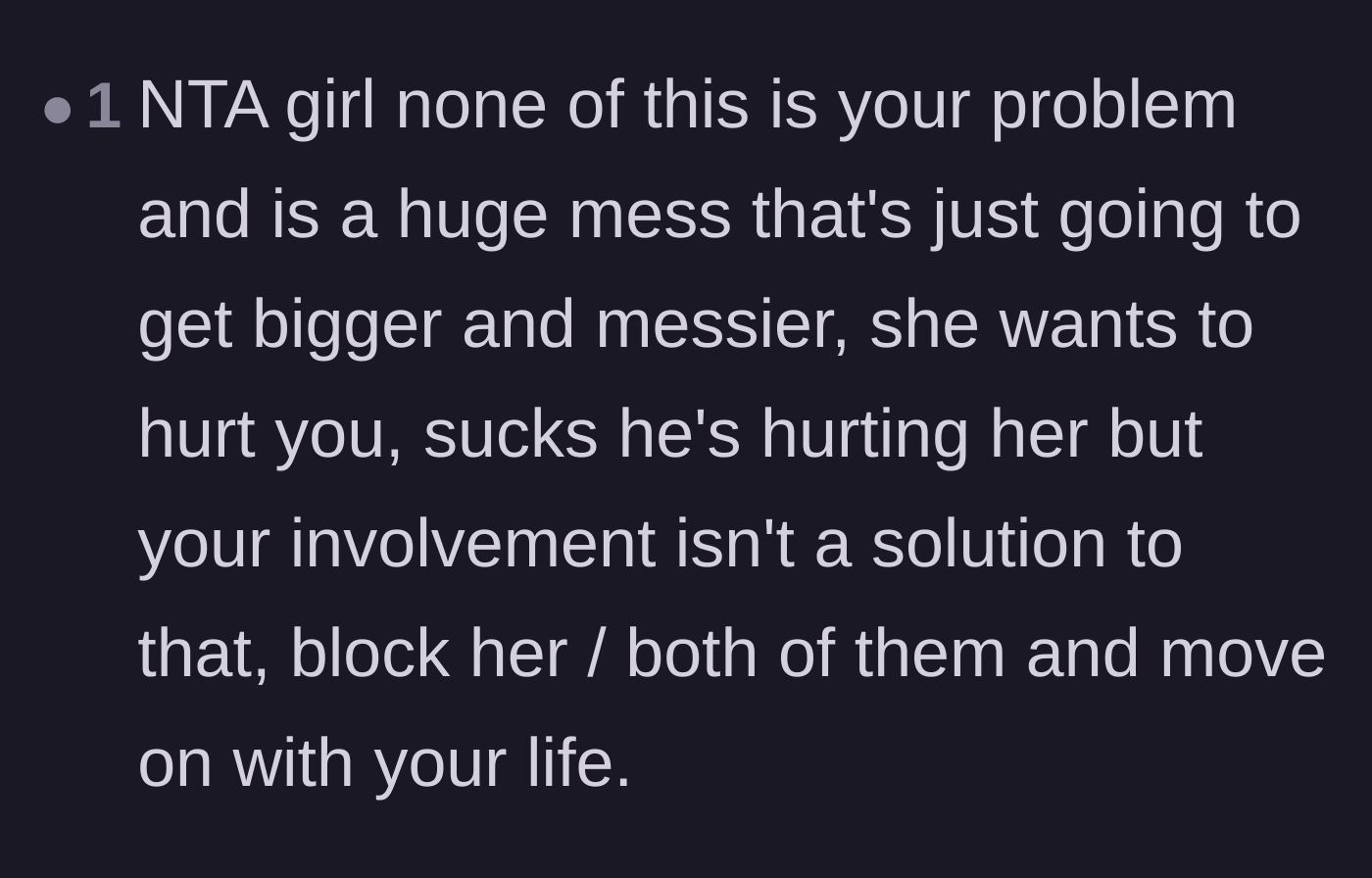 Comment thread 6 - Support for the wife's decision to walk away completely, validating that the mistress's pain is not her responsibility to fix.