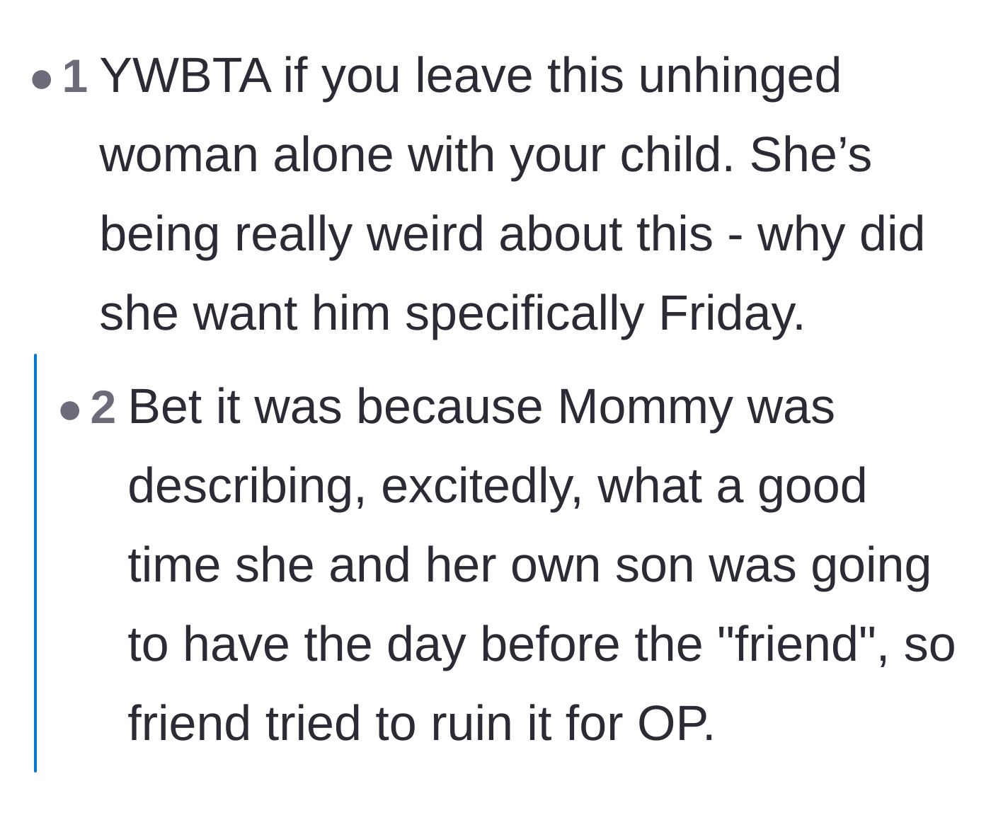 Comment thread 1 - Discussing the friend's unsettling red flags and worst-case abduction scenarios