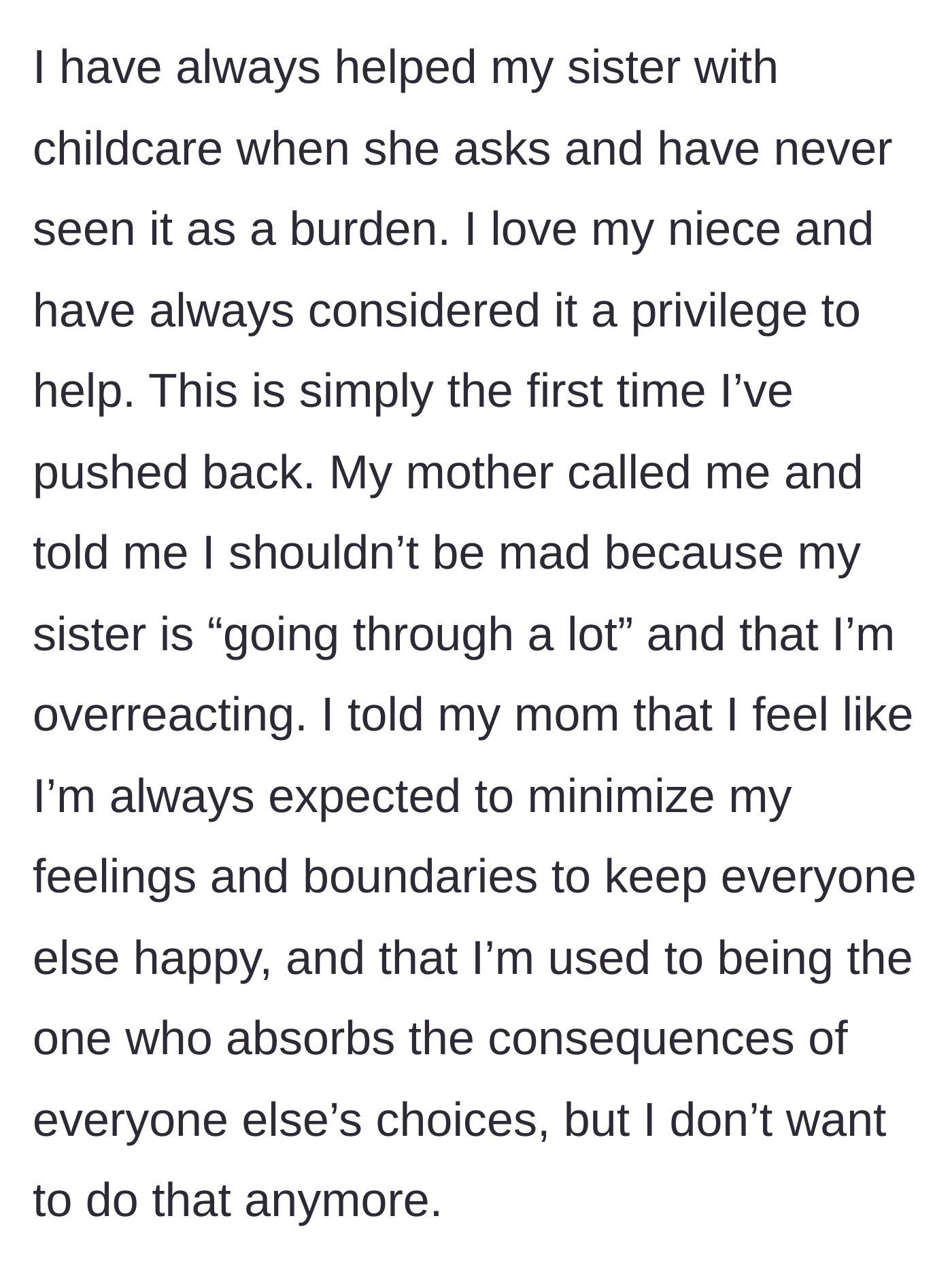 Story part 8 - The grandmother chimes in to defend the sister, telling the mom to just let it go.
