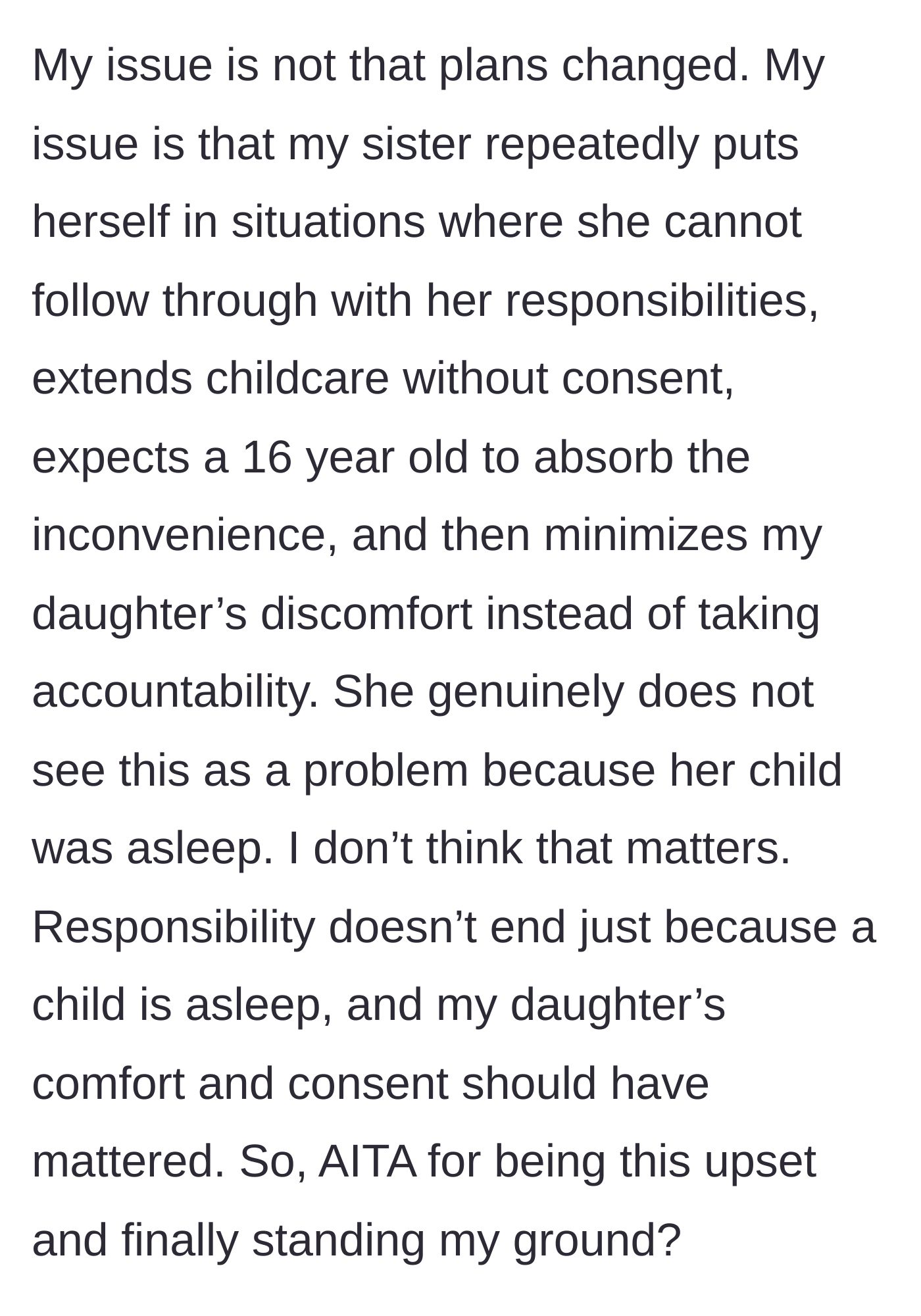 Story part 9 - The mom summarizes her stance: the teenager's consent and comfort matter, regardless of the sleeping child.