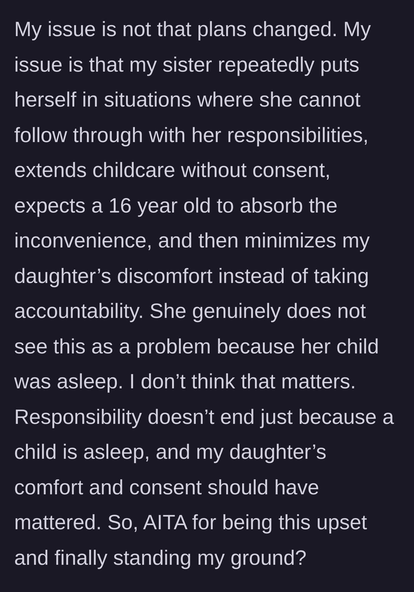 Story part 9 - The mom summarizes her stance: the teenager's consent and comfort matter, regardless of the sleeping child.