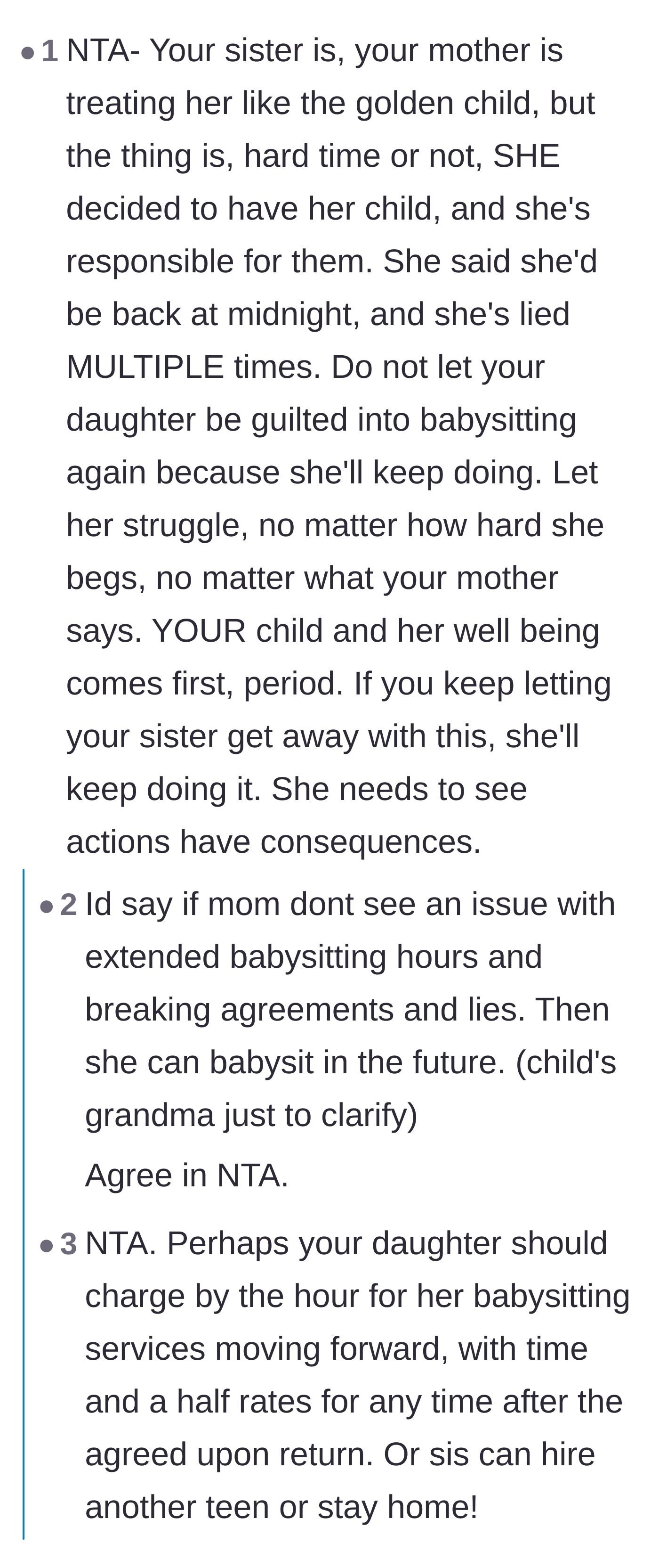 Comment thread 1 - Readers call out the grandmother's enabling behavior and suggest she take over babysitting duties.