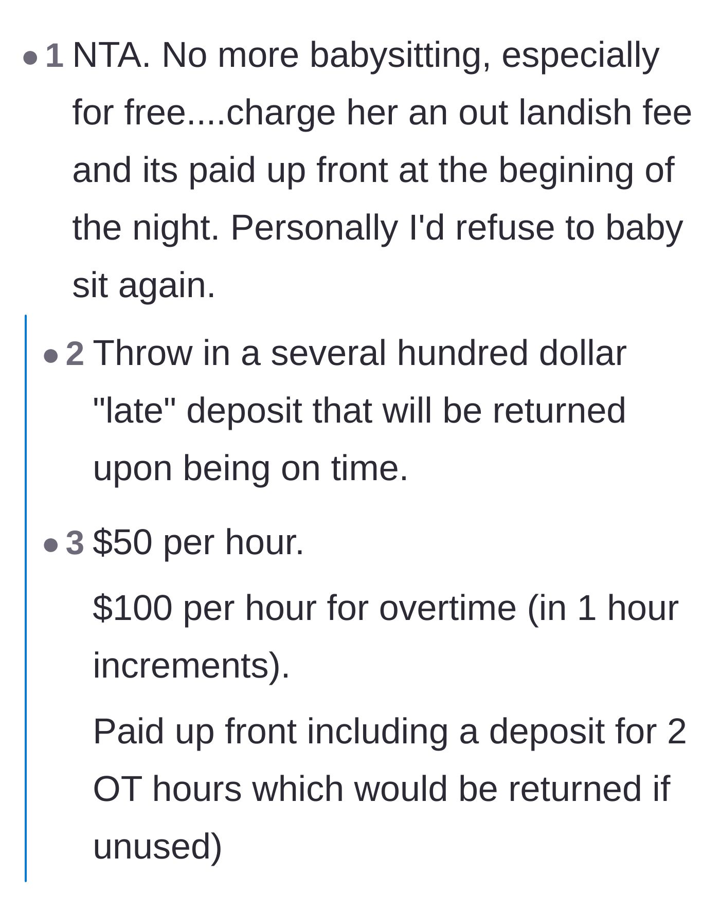 Comment thread 4 - Debate over charging the sister massive penalty fees versus refusing her completely.