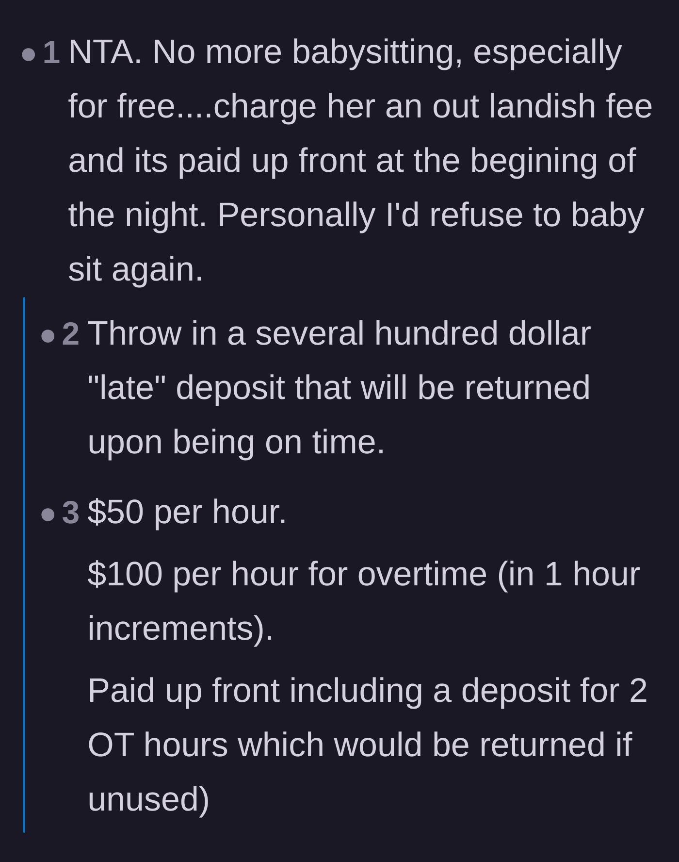 Comment thread 4 - Debate over charging the sister massive penalty fees versus refusing her completely.