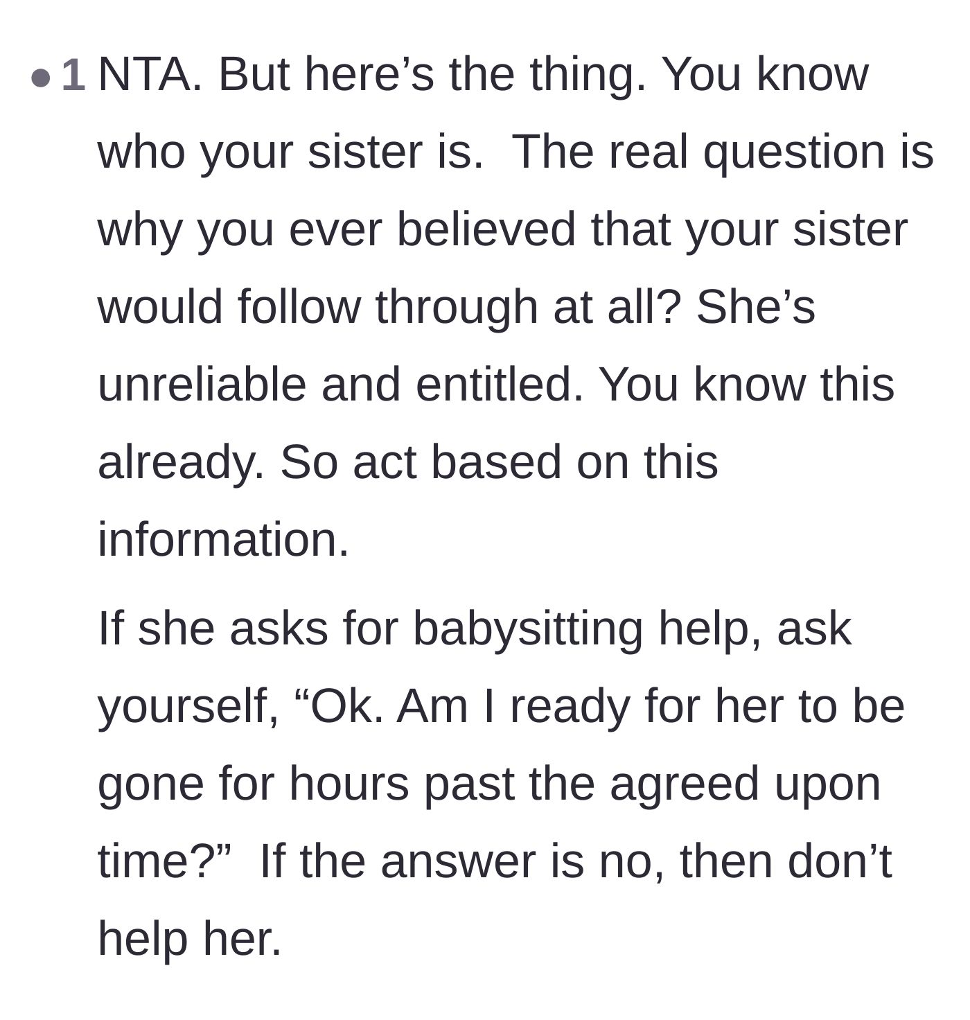 Comment thread 5 - A harsh but true reminder that the mom already knew her sister's track record.