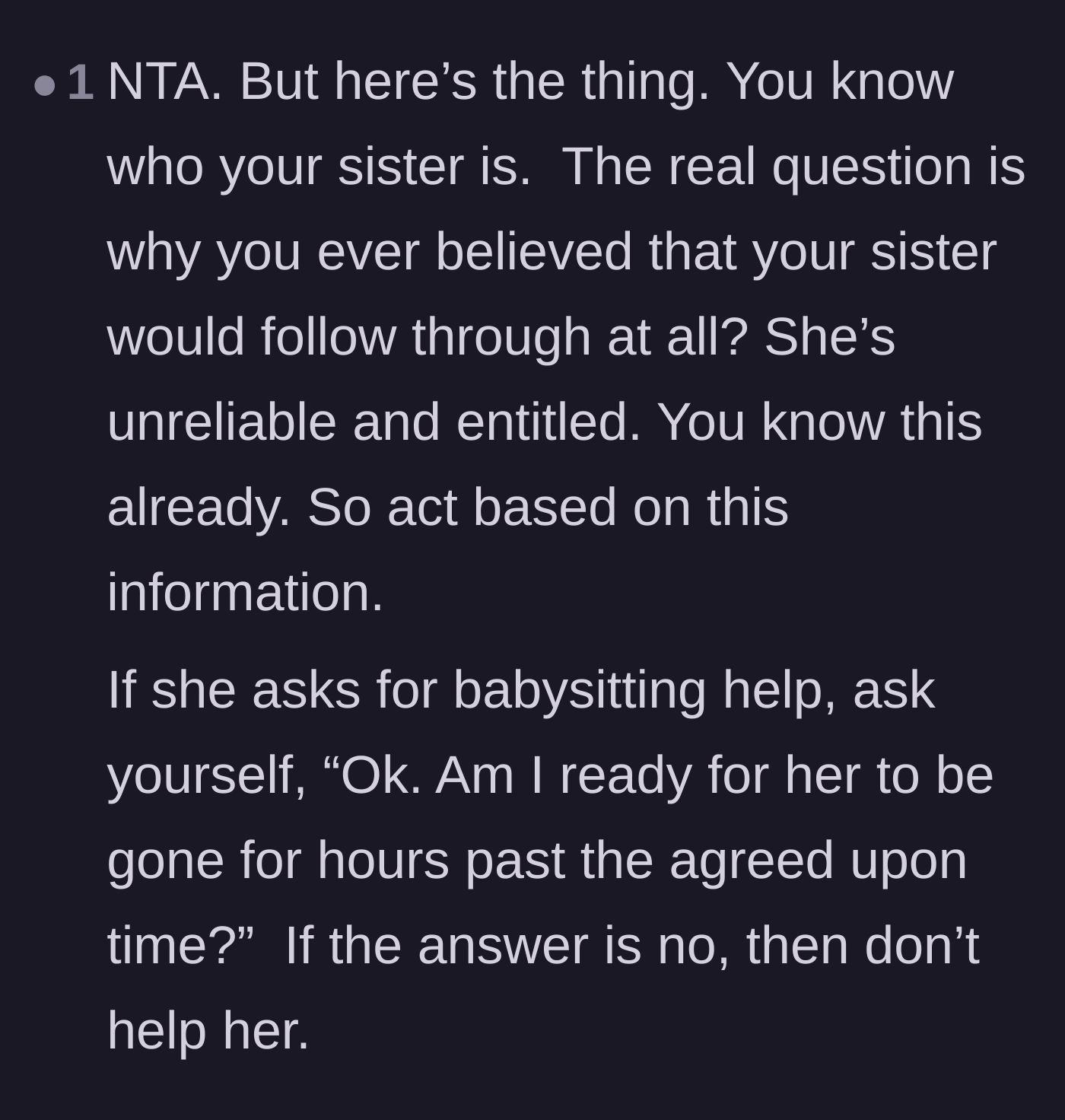 Comment thread 5 - A harsh but true reminder that the mom already knew her sister's track record.
