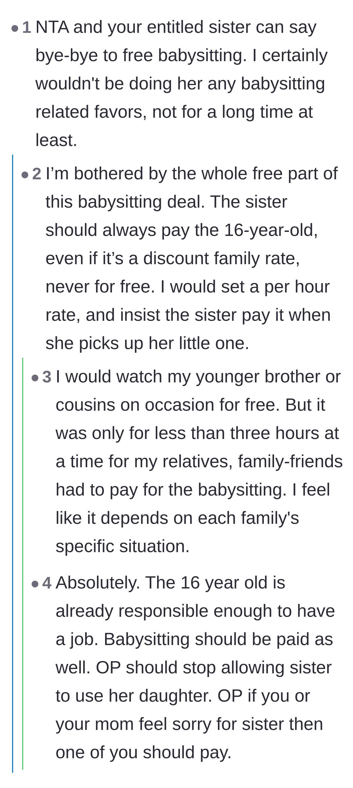 Comment thread 6 - Discussion about why a teenager with a real job should never be expected to babysit for free.