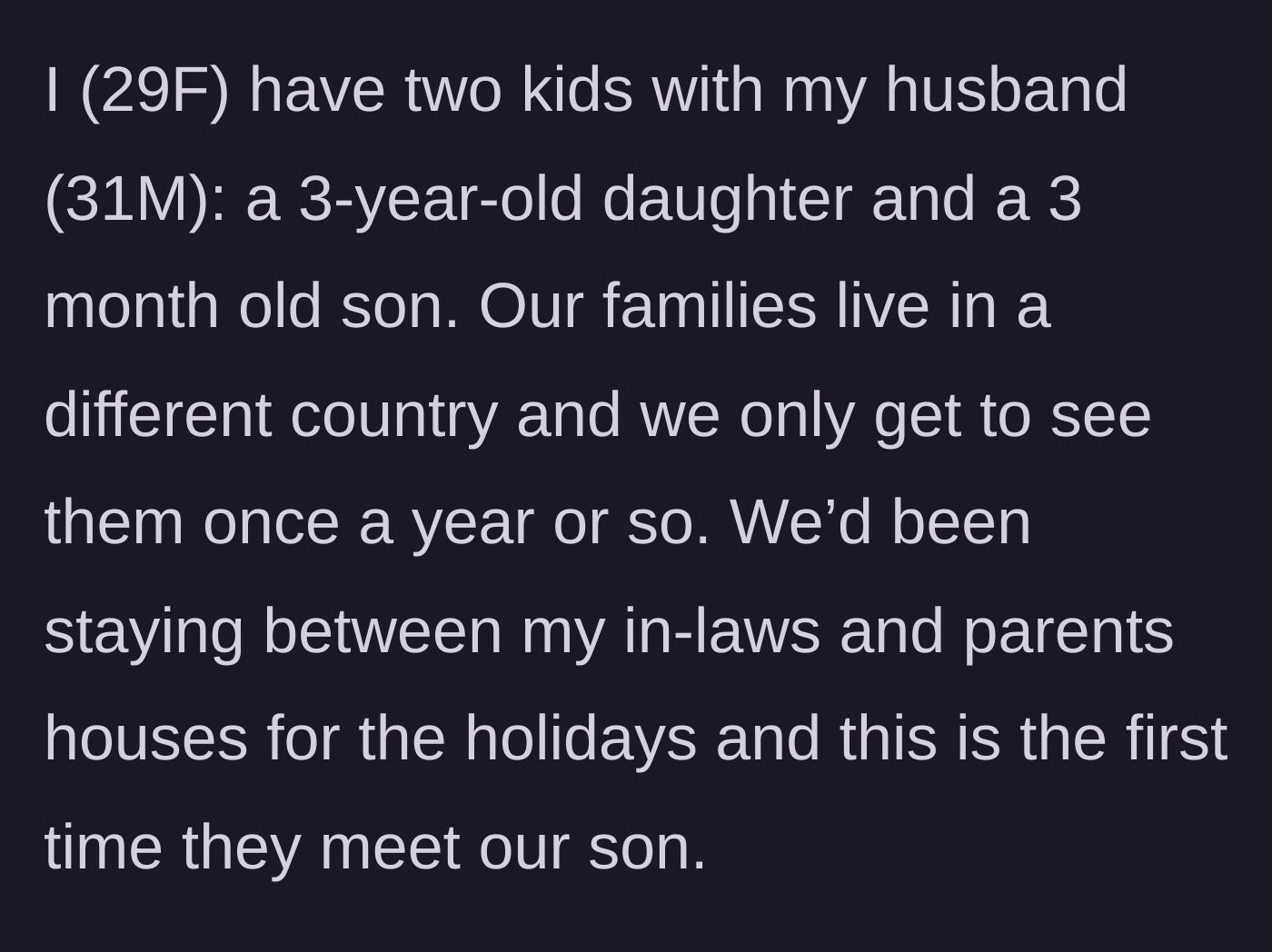 Story part 1 - The mother introduces her family dynamics and the rare international holiday visit to her in-laws.