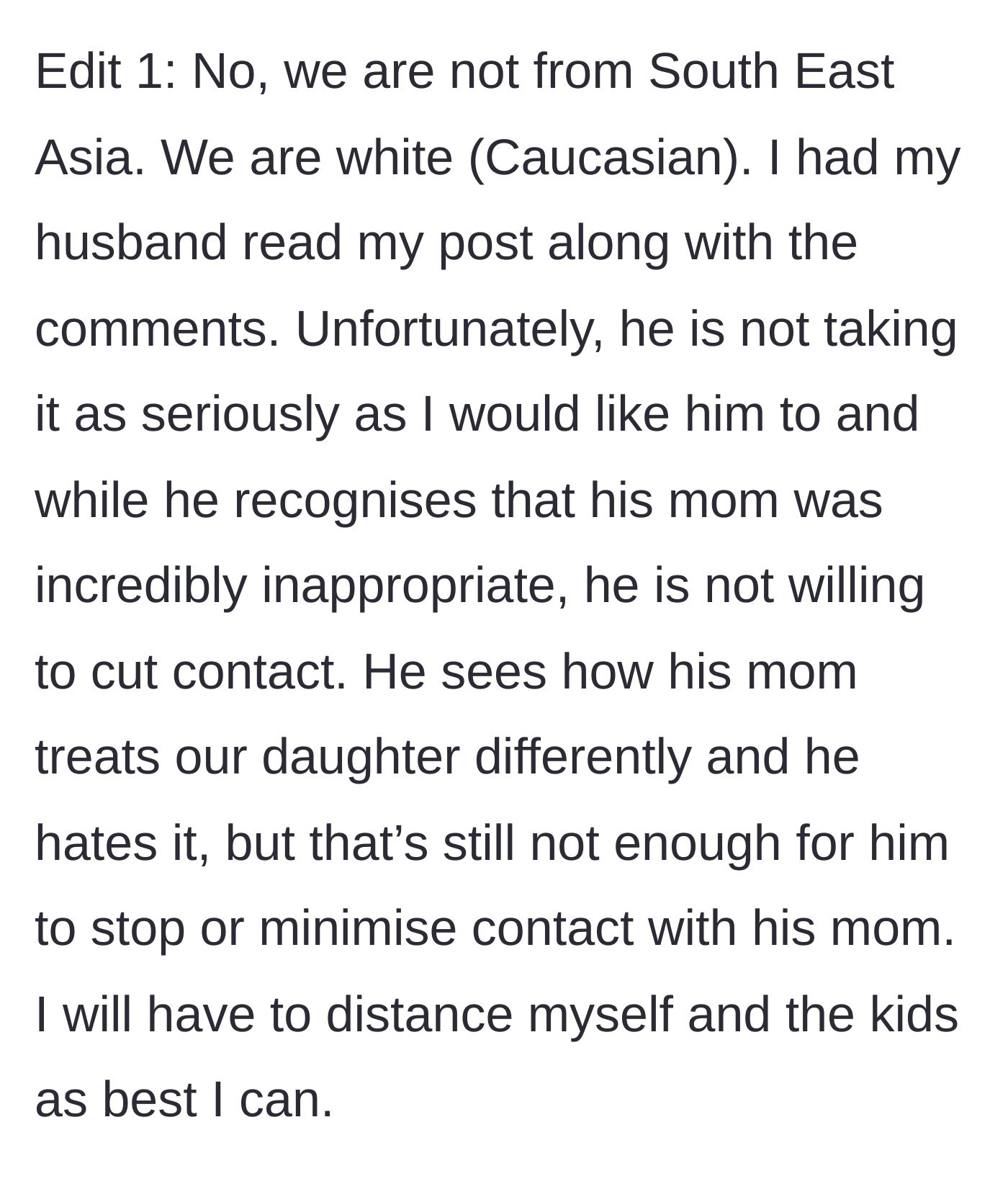 Story part 8 - The mother explains her husband's refusal to cut contact despite acknowledging the mistreatment and favoritism.