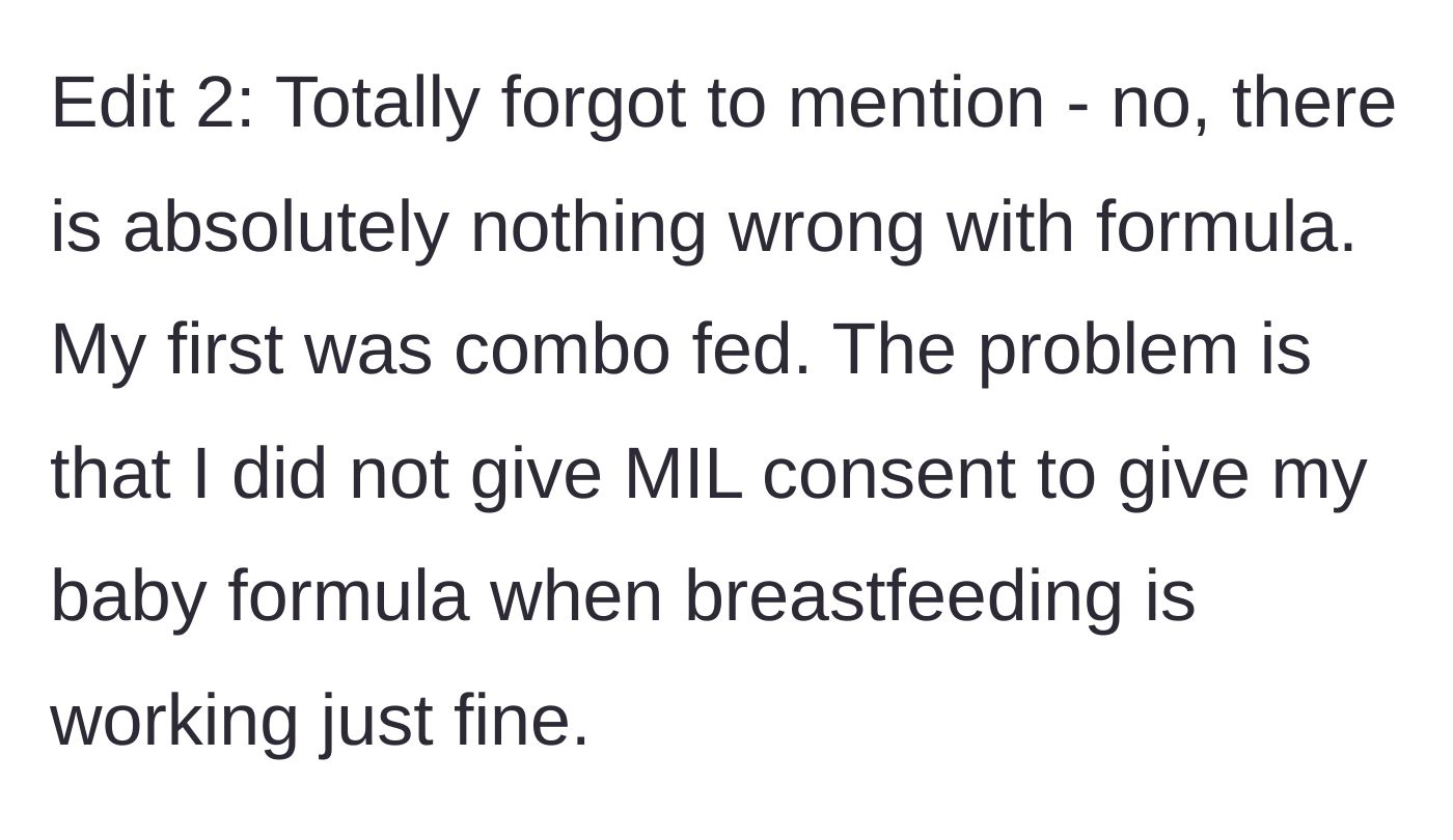 Story part 9 - The mother clarifies that her issue is entirely about consent, not a judgment on formula feeding itself.
