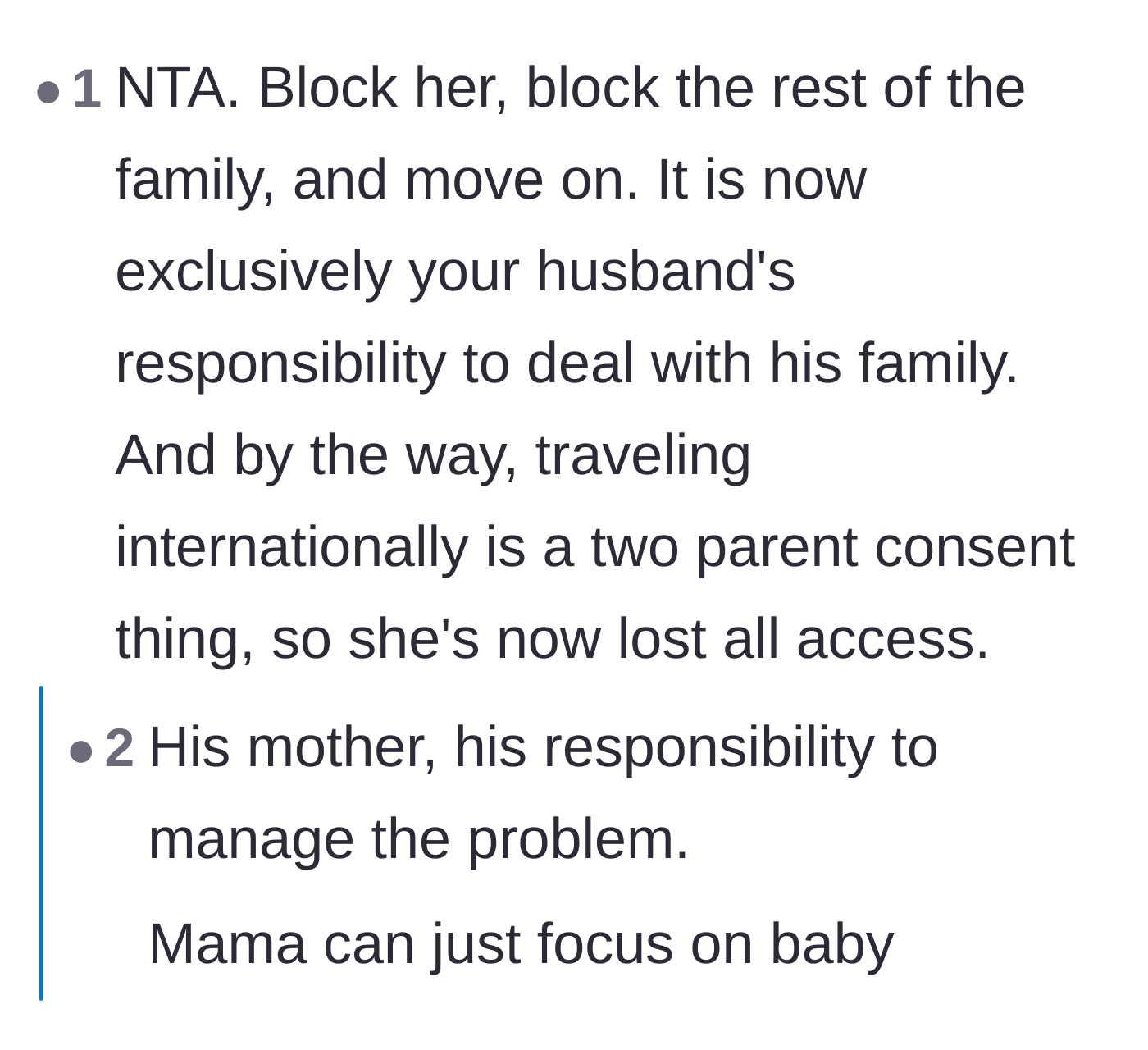 Comment thread 1 - Advice on blocking the family and making the husband manage his own mother.