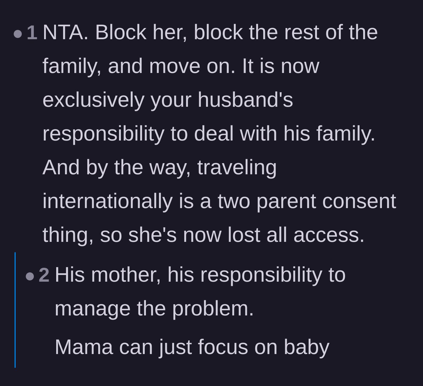 Comment thread 1 - Advice on blocking the family and making the husband manage his own mother.
