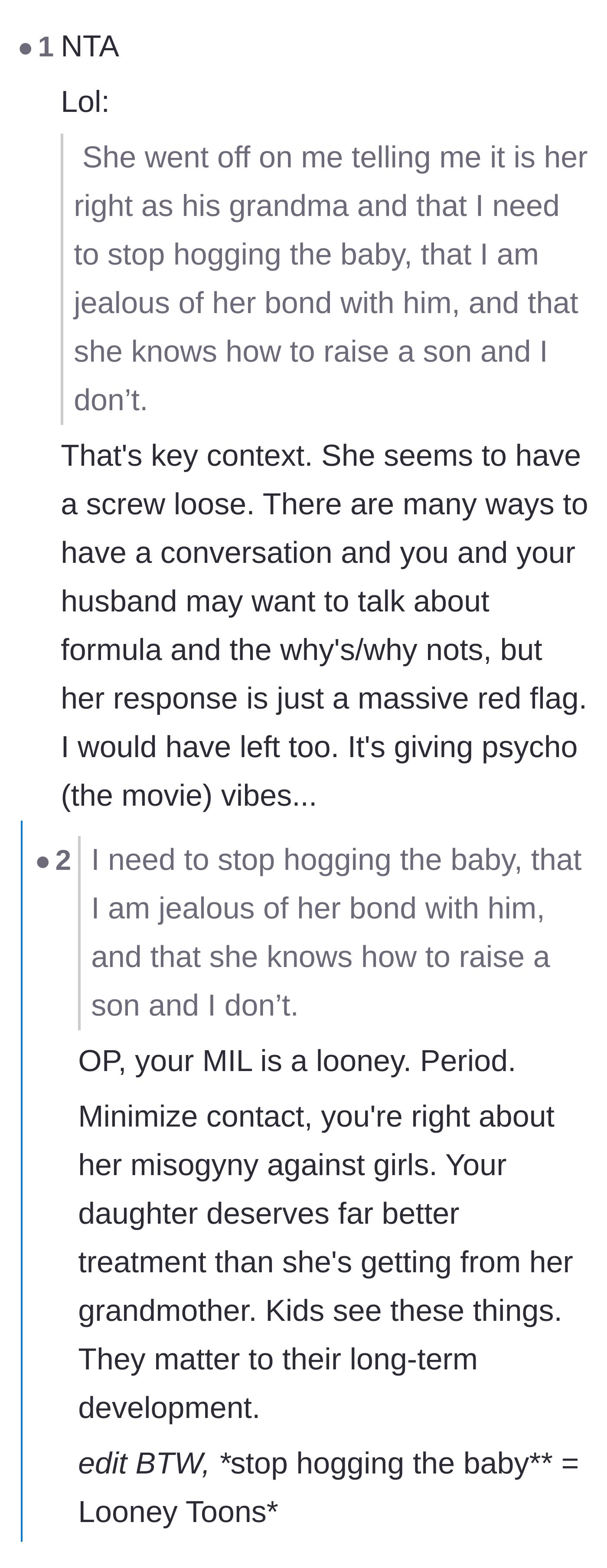 Comment thread 2 - Analyzing the mother-in-law's alarming accusations and the husband's concerning passivity.