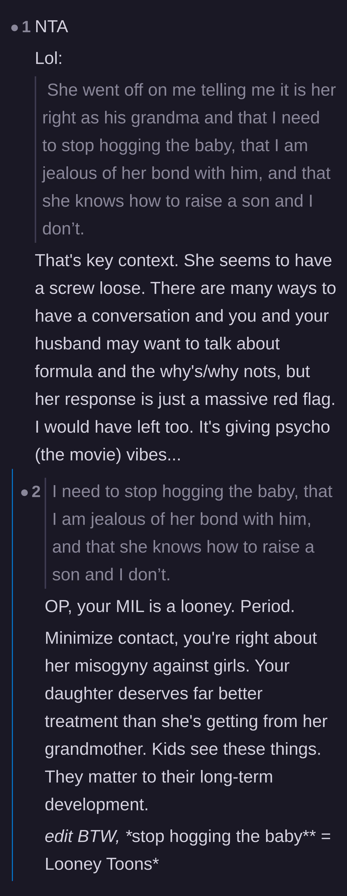Comment thread 2 - Analyzing the mother-in-law's alarming accusations and the husband's concerning passivity.