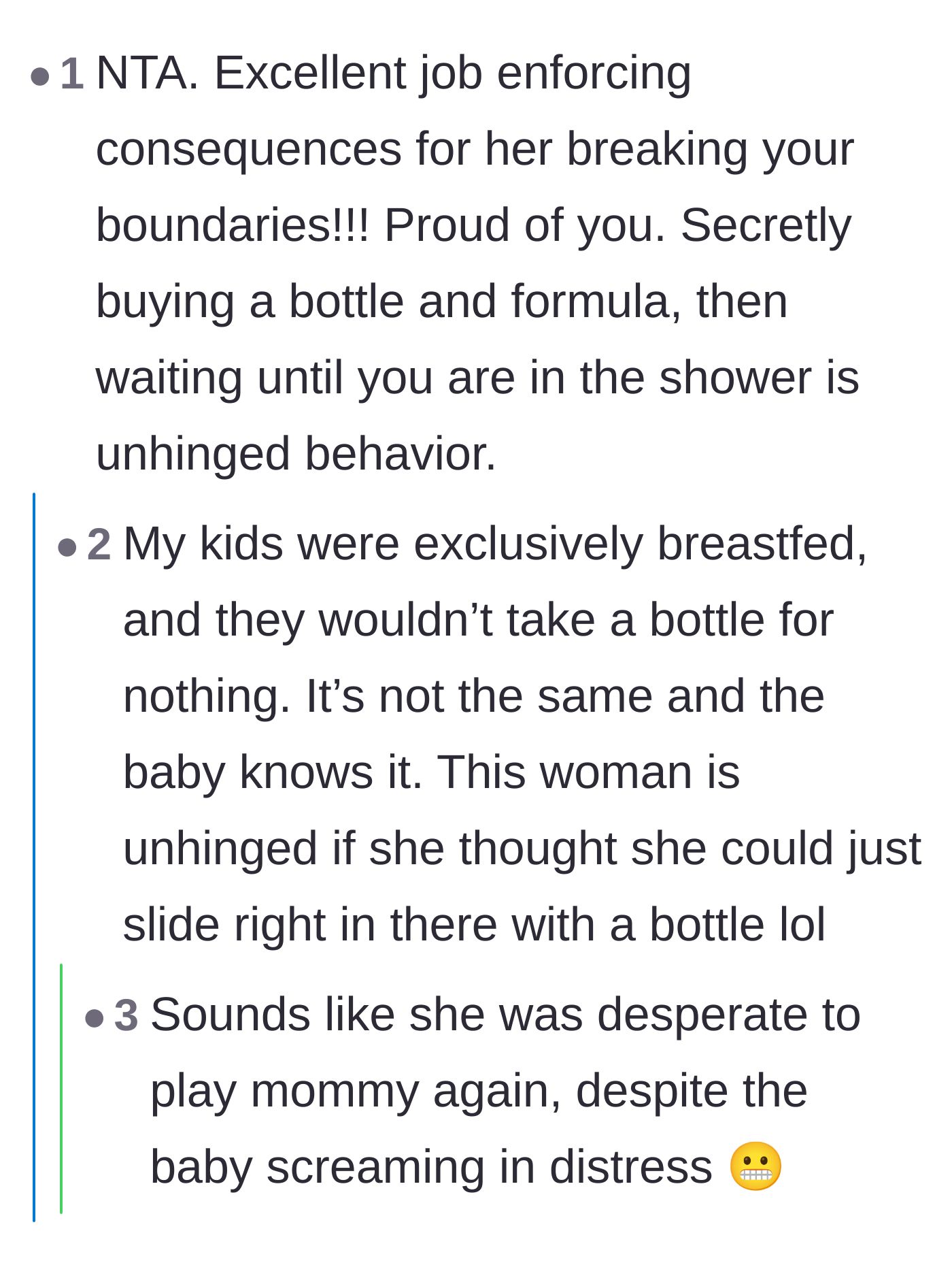 Comment thread 3 - Highlighting the premeditated and calculated nature of hiding formula to use while the mother showered.
